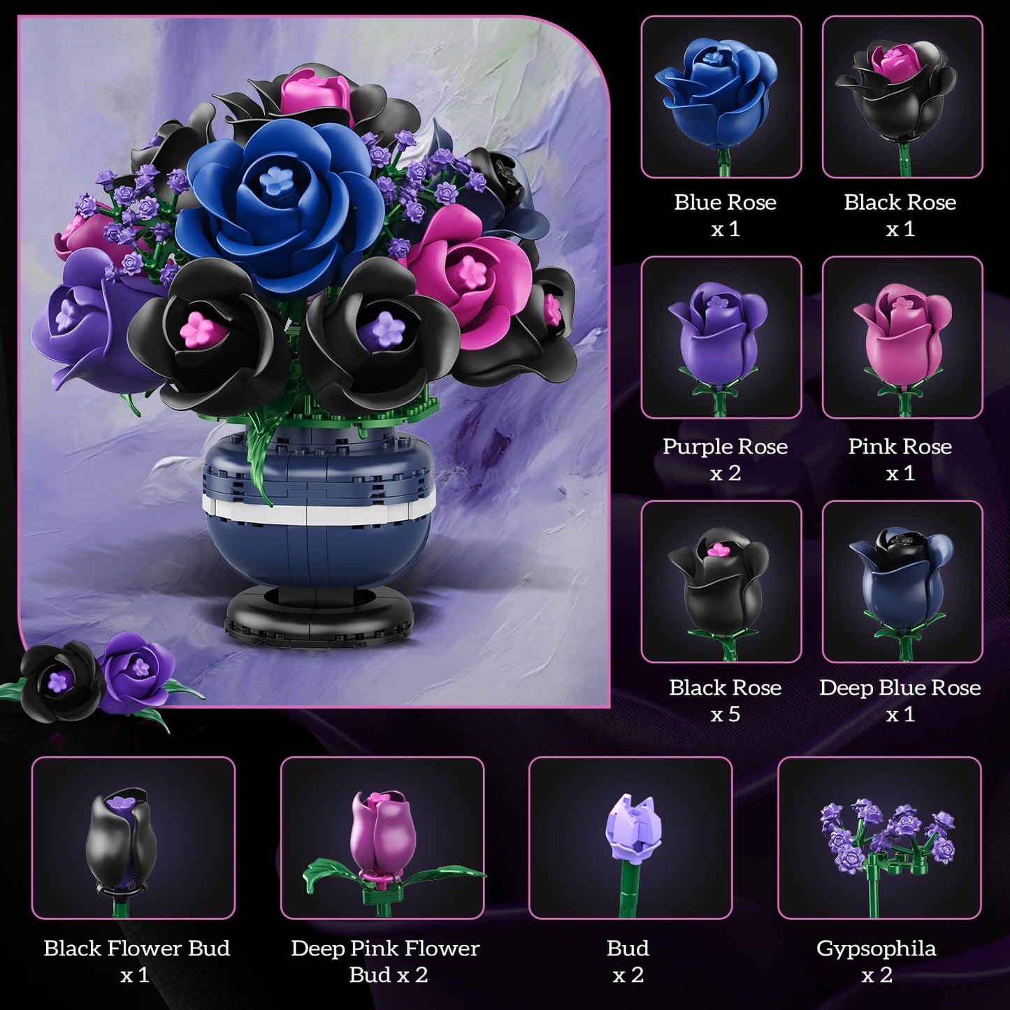 HiWEEGO Flowers Botanicals Building Set – Black Purple Rose Bonsai, 507 Pcs, Gothic Home Decor