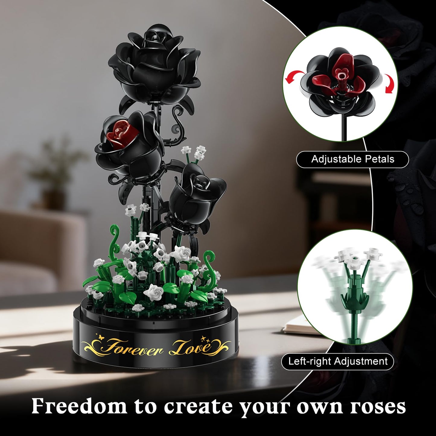 HiWEEGO Flower Building Set with LED Light — 232 PCS Black Rose Kit