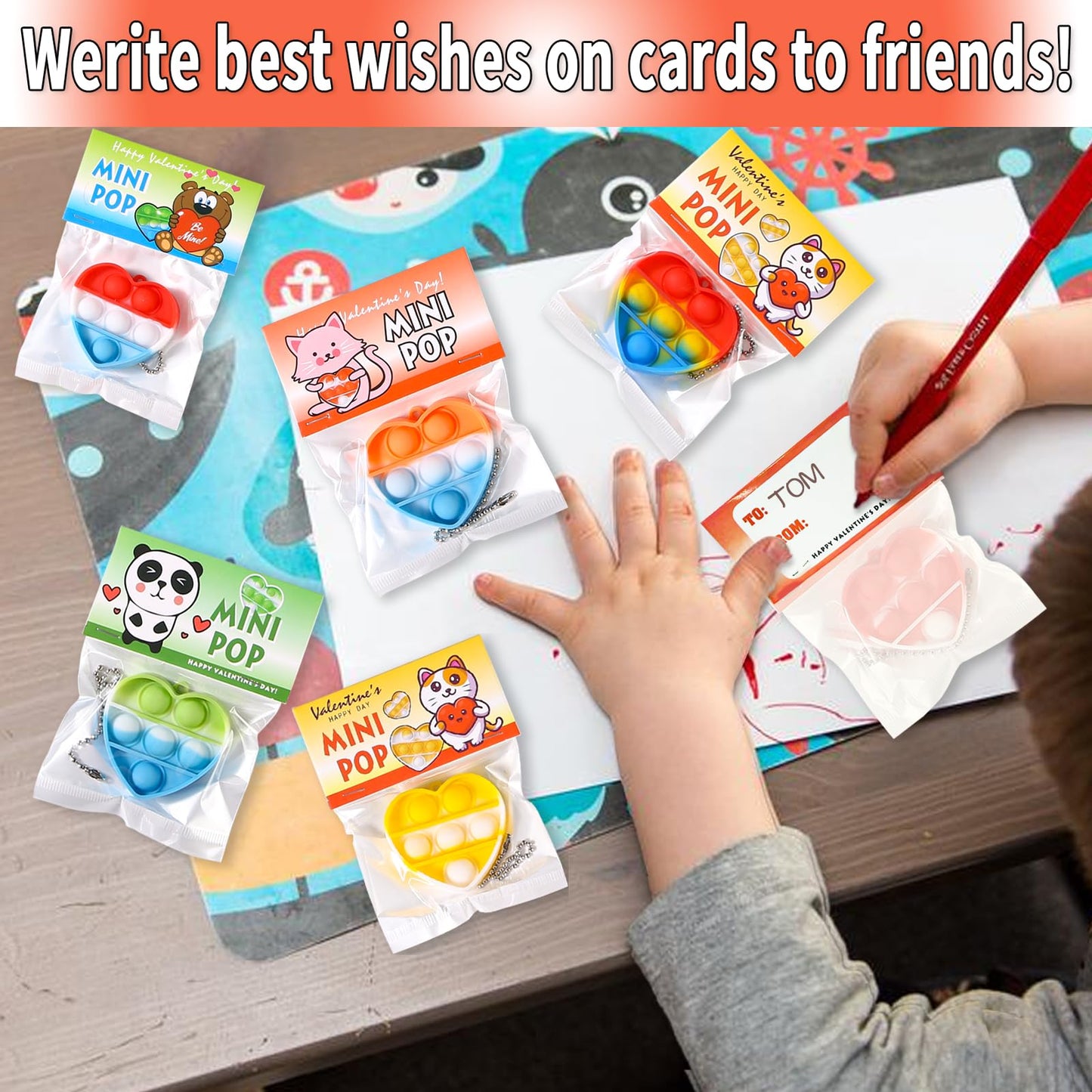 Hiyong Valentines Day Gifts for Kids – 30 Prefilled Cards with Mini Pop Fidget Toys