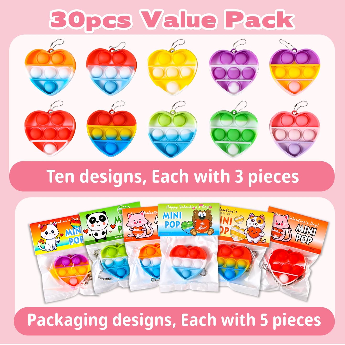 Hiyong Valentines Day Gifts for Kids – 30 Prefilled Cards with Mini Pop Fidget Toys