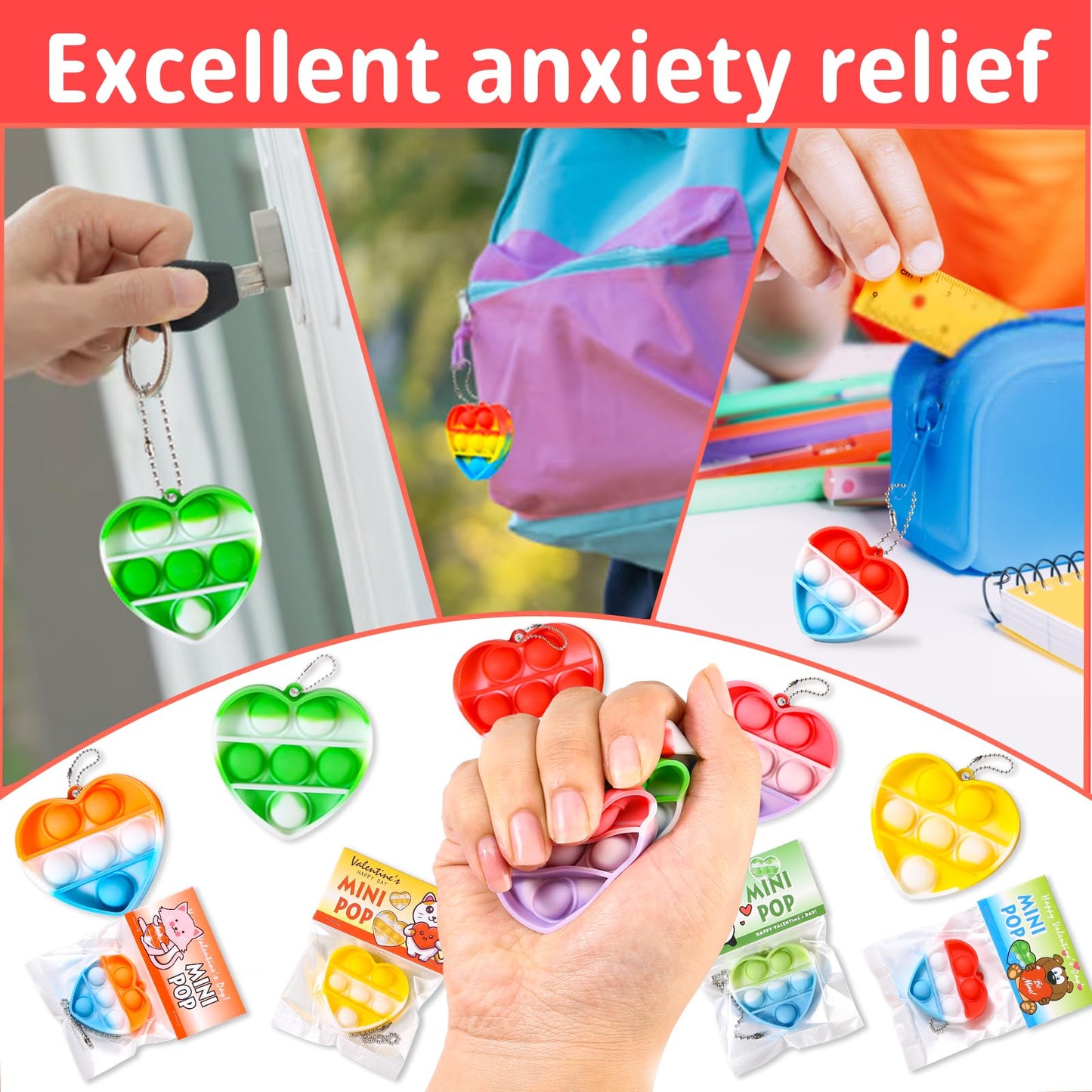 Hiyong Valentines Day Gifts for Kids – 30 Prefilled Cards with Mini Pop Fidget Toys