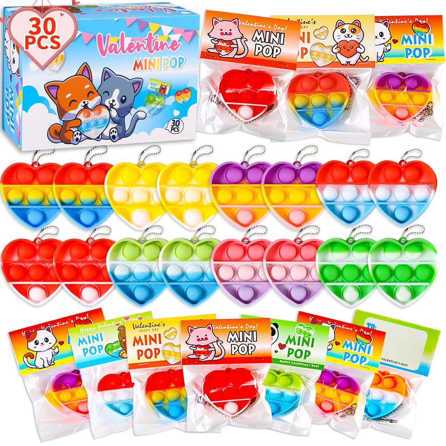 Hiyong Valentines Day Gifts for Kids – 30 Prefilled Cards with Mini Pop Fidget Toys