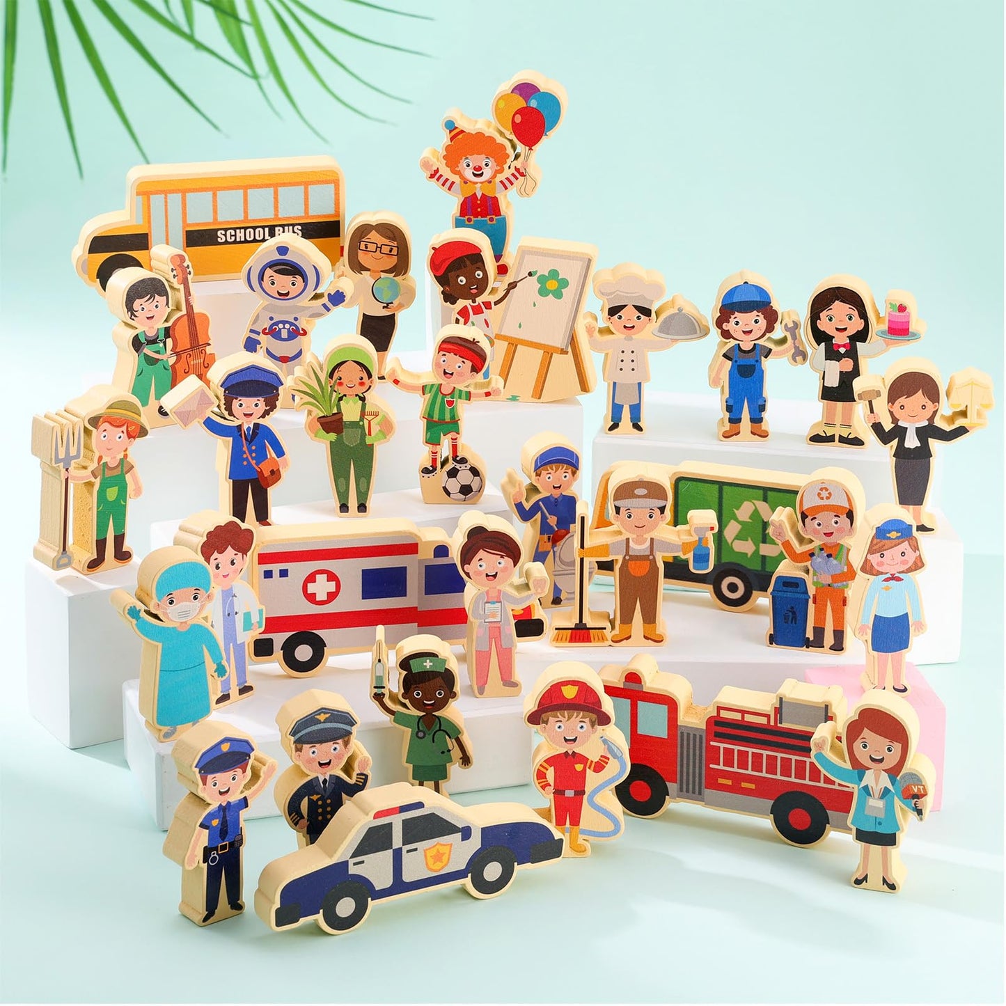 HIYZI 40 Pcs Wooden Community Helpers Figures – Multicultural Occupations Play Set for Kids