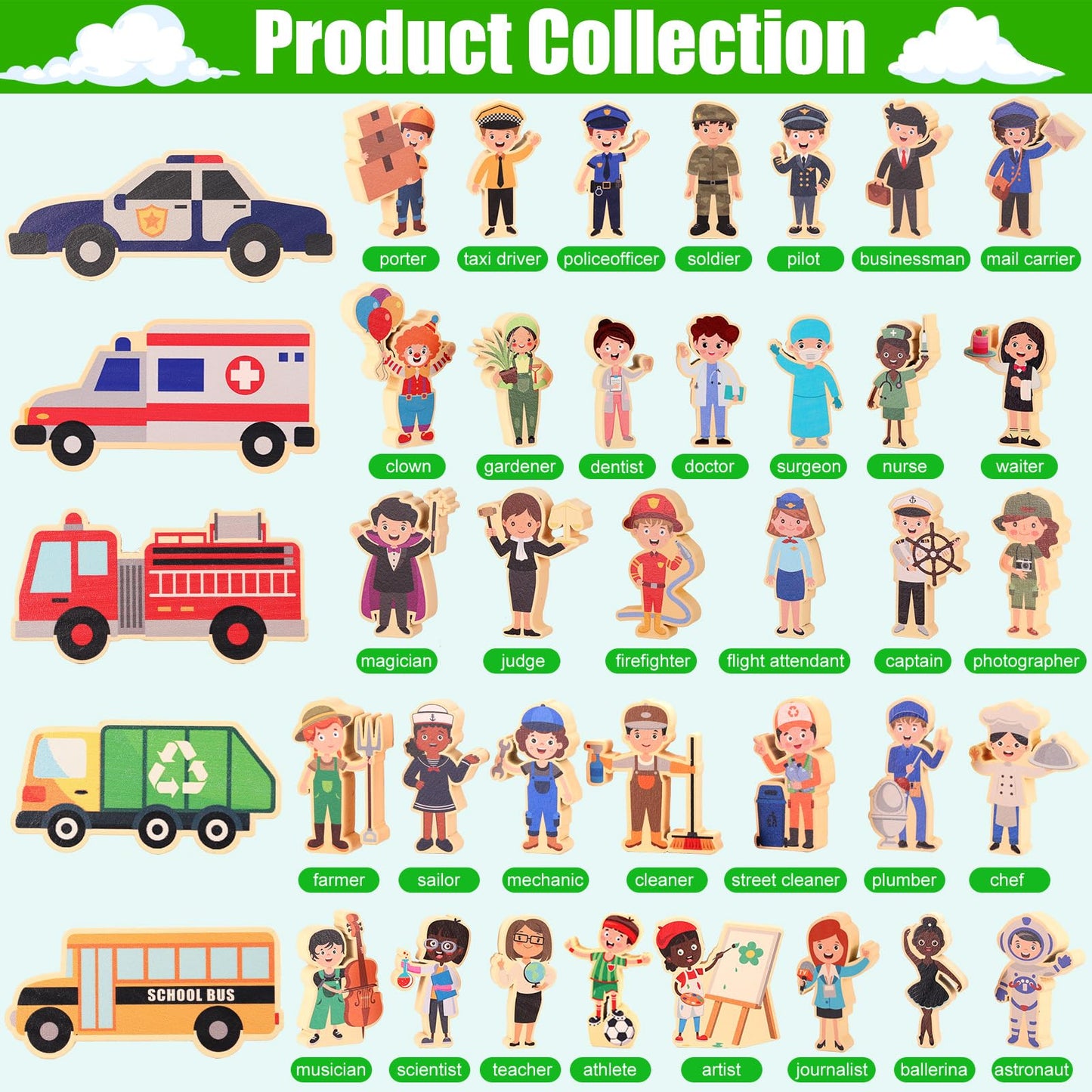 HIYZI 40 Pcs Wooden Community Helpers Figures – Multicultural Occupations Play Set for Kids