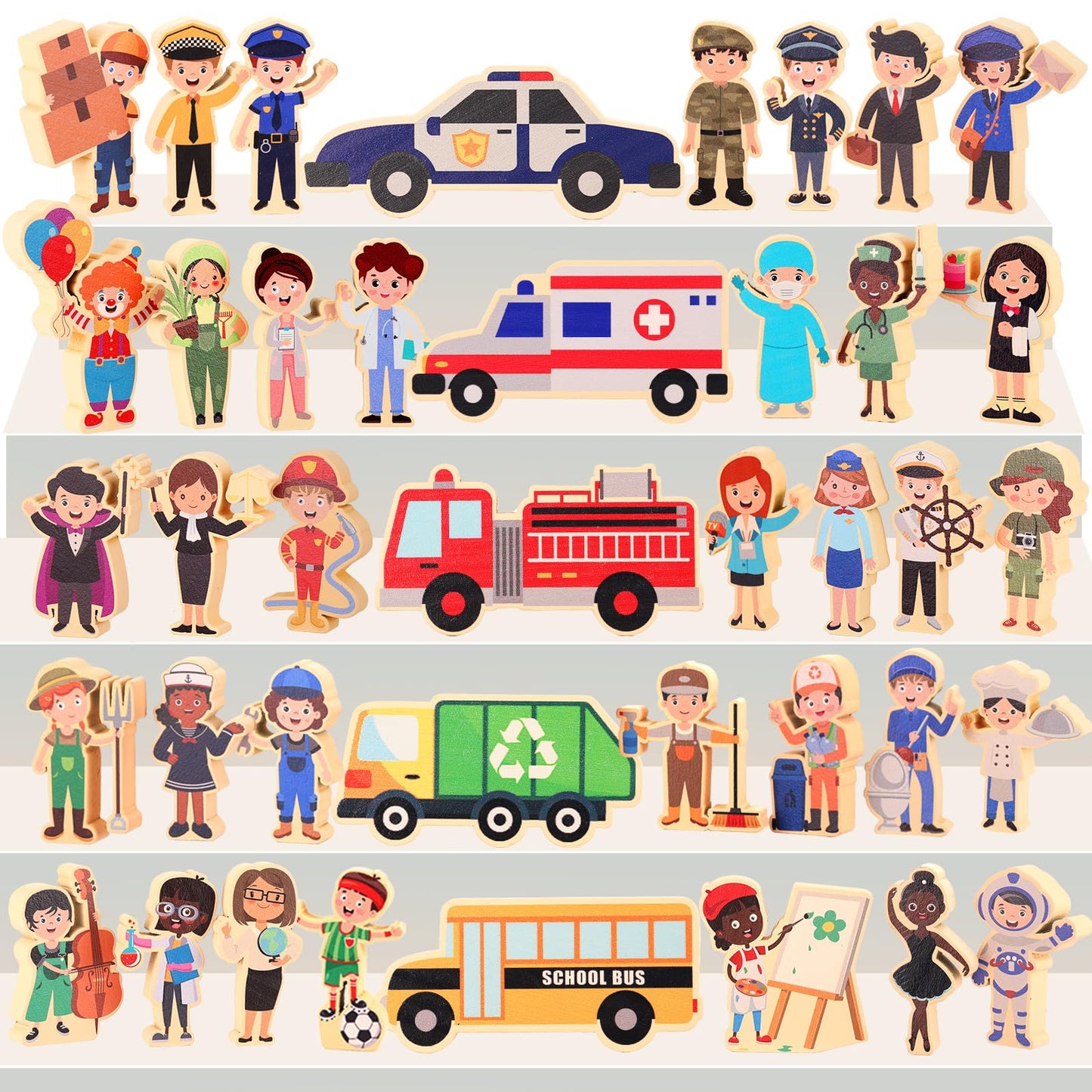 HIYZI 40 Pcs Wooden Community Helpers Figures – Multicultural Occupations Play Set for Kids