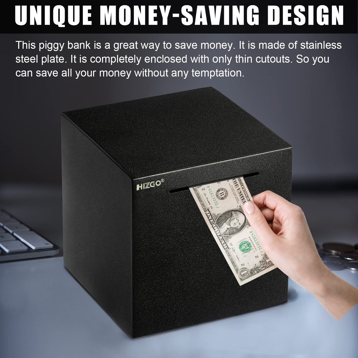 hizgo Adult Piggy Bank – Stainless Steel Money Box, Must Break to Open (7.9 in)