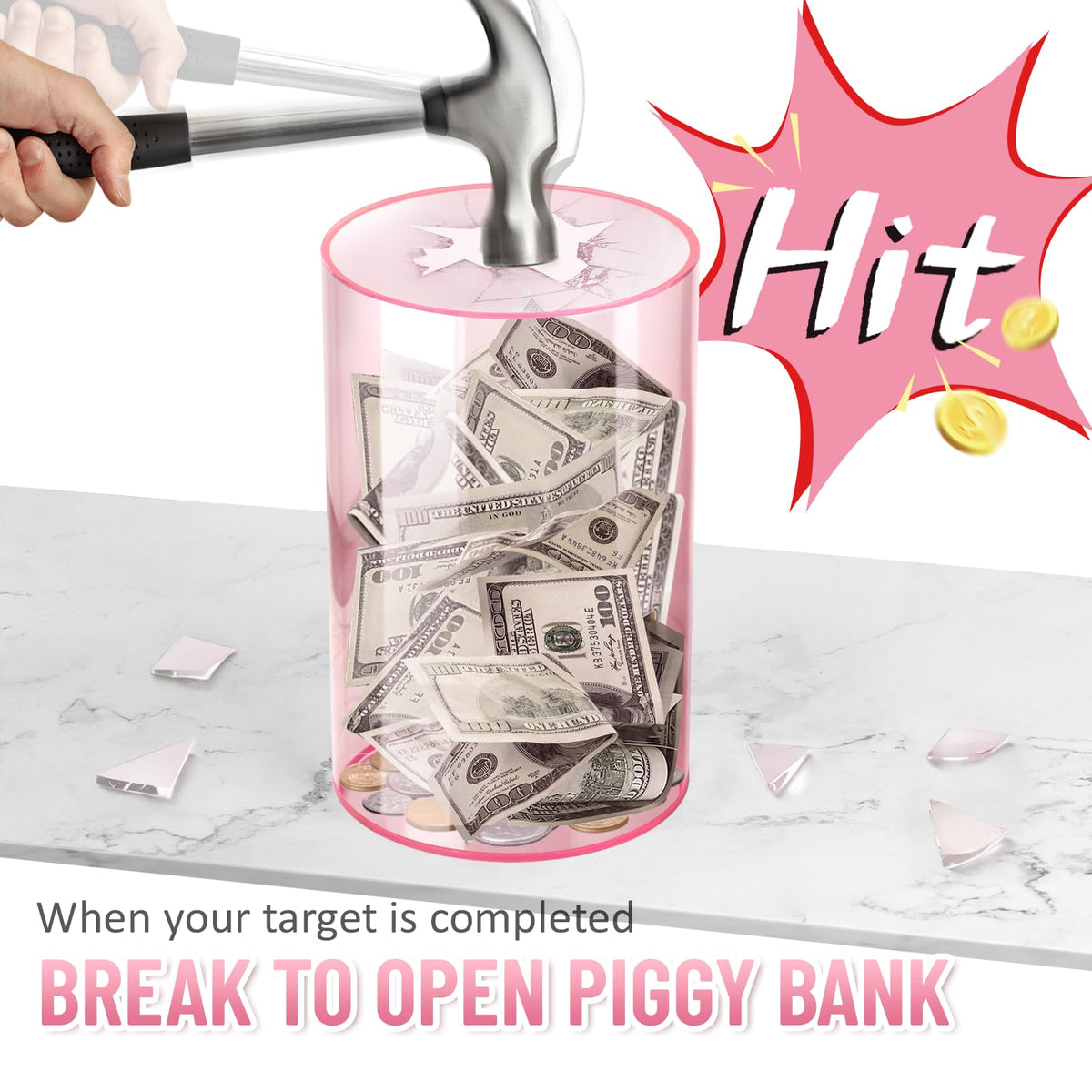 Hizgo Clear Pink Piggy Bank - Unopenable Acrylic Savings Jar, Break to Open, 8-inch H x 5-inch Diameter