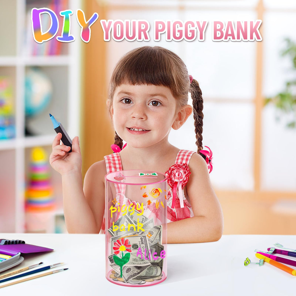 Hizgo Clear Pink Piggy Bank - Unopenable Acrylic Savings Jar, Break to Open, 8-inch H x 5-inch Diameter