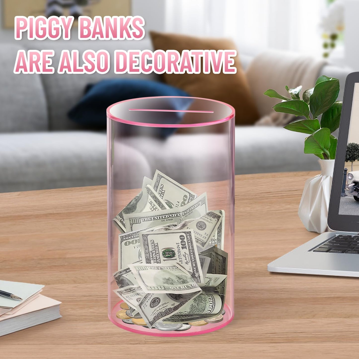 Hizgo Clear Pink Piggy Bank - Unopenable Acrylic Savings Jar, Break to Open, 8-inch H x 5-inch Diameter