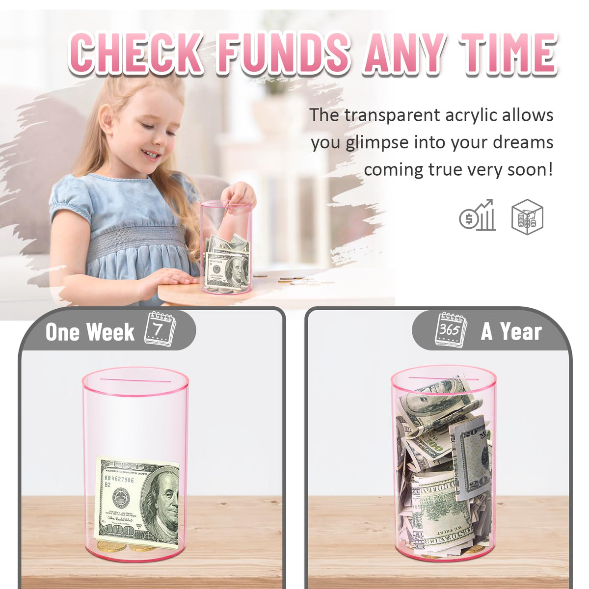 Hizgo Pink Clear Piggy Bank (Small) – Unopenable Acrylic Savings Jar