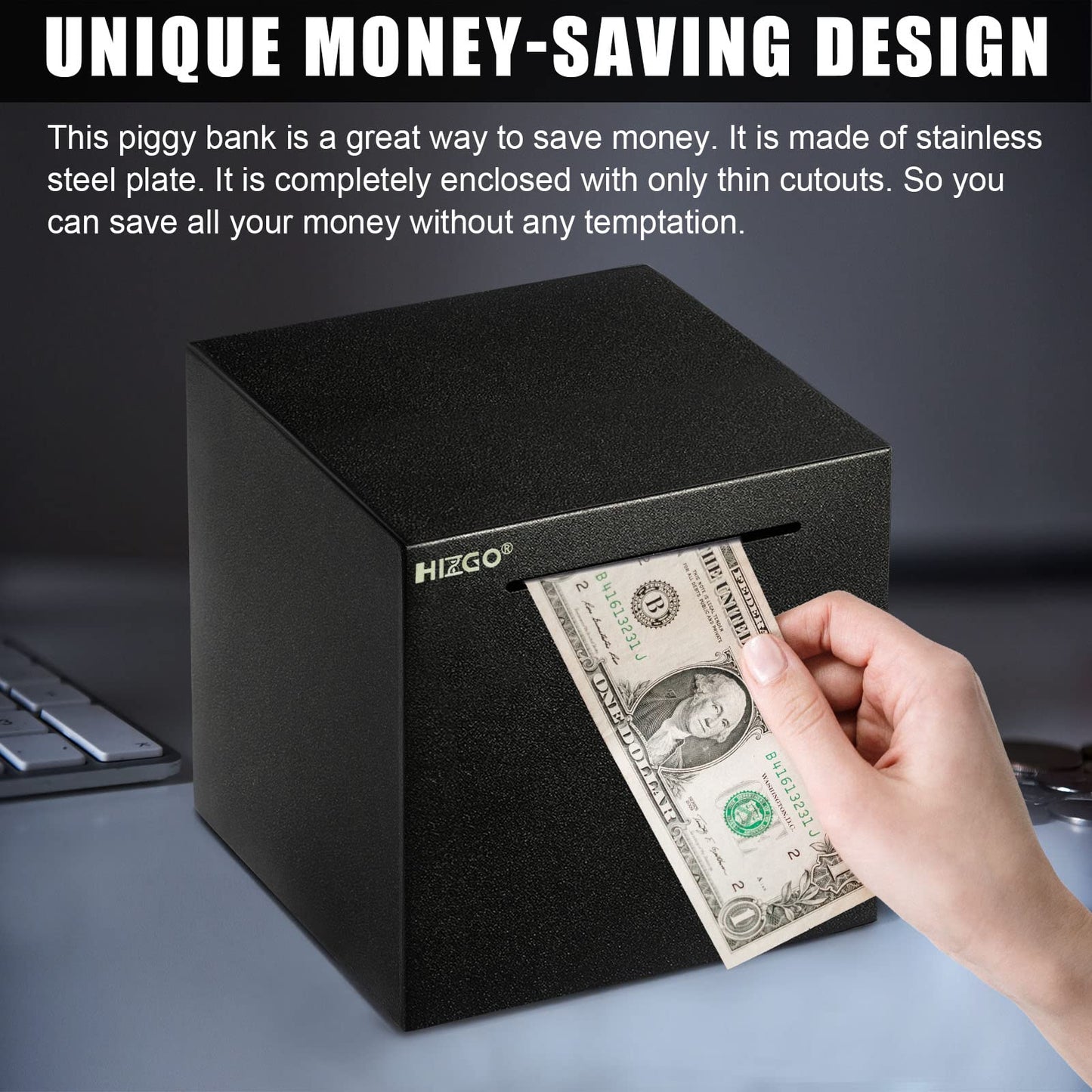 hizgo Adult Piggy Bank – Unopenable Stainless Steel Money Box (5.9 inch)