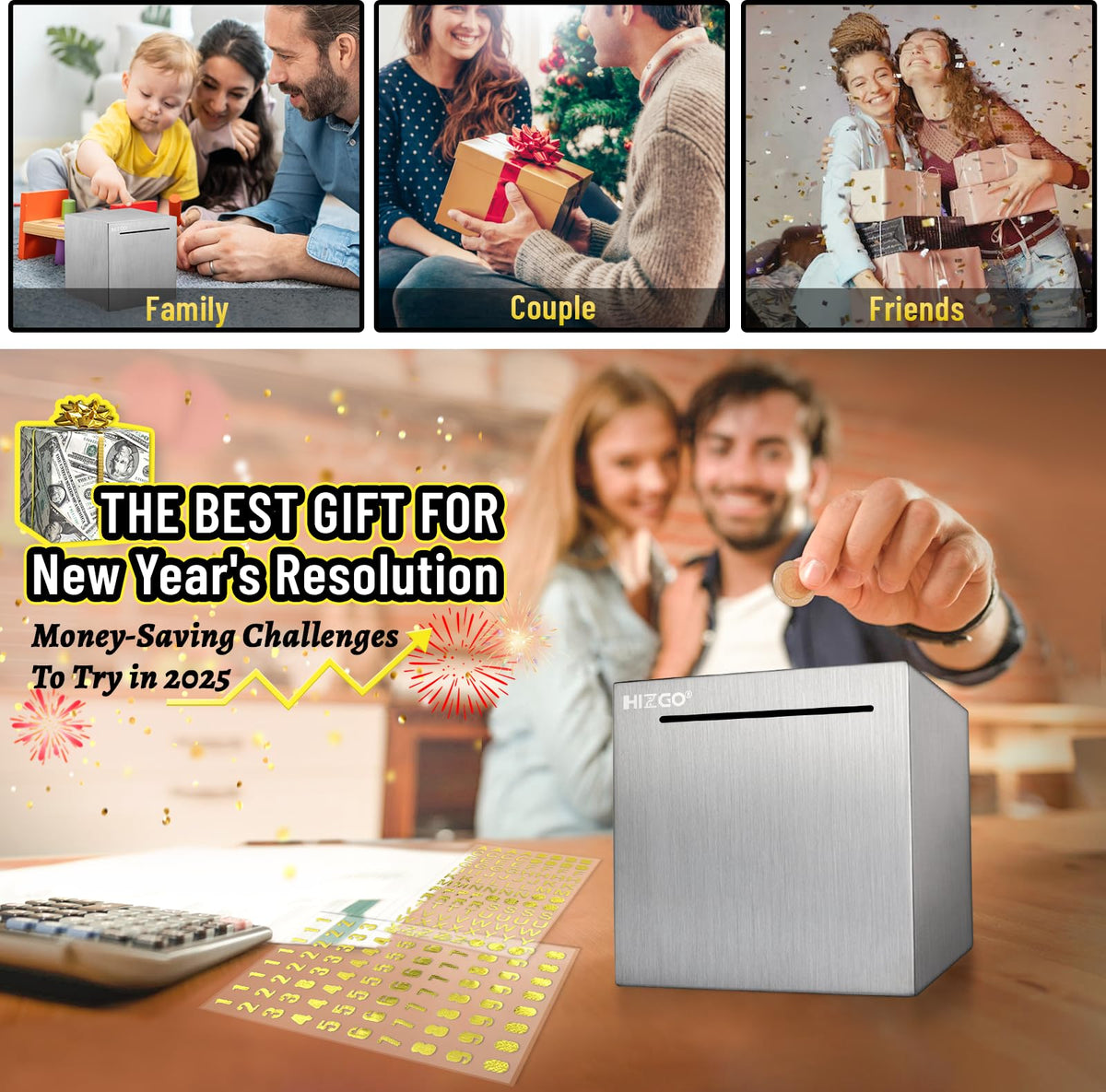 hizgo Piggy Bank for Adults – Stainless Steel Cube, 4.72-Inch Break-to-Access Saving Box