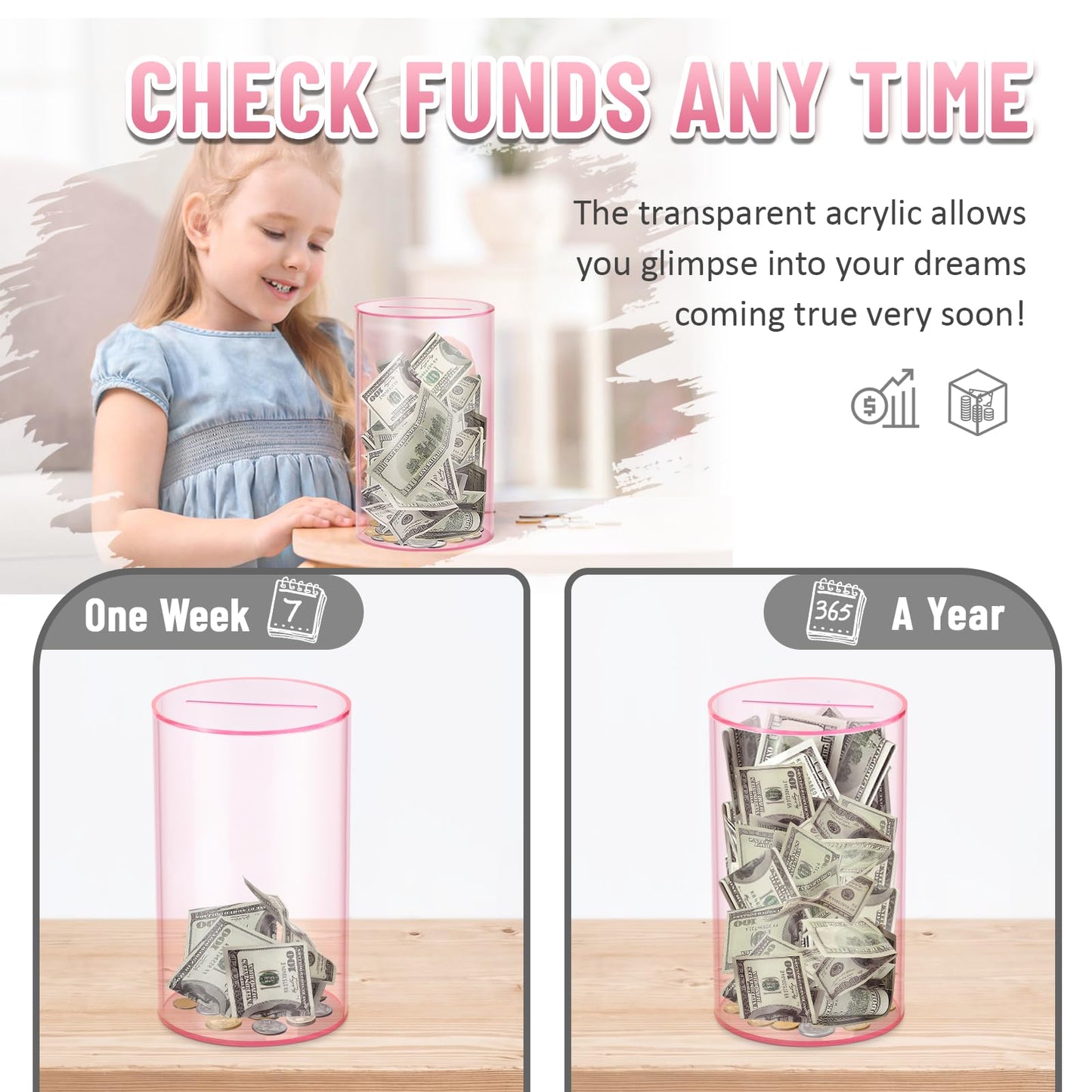 Hizgo Clear Pink Piggy Bank - Unopenable Acrylic Savings Jar, Break to Open, 8-inch H x 5-inch Diameter