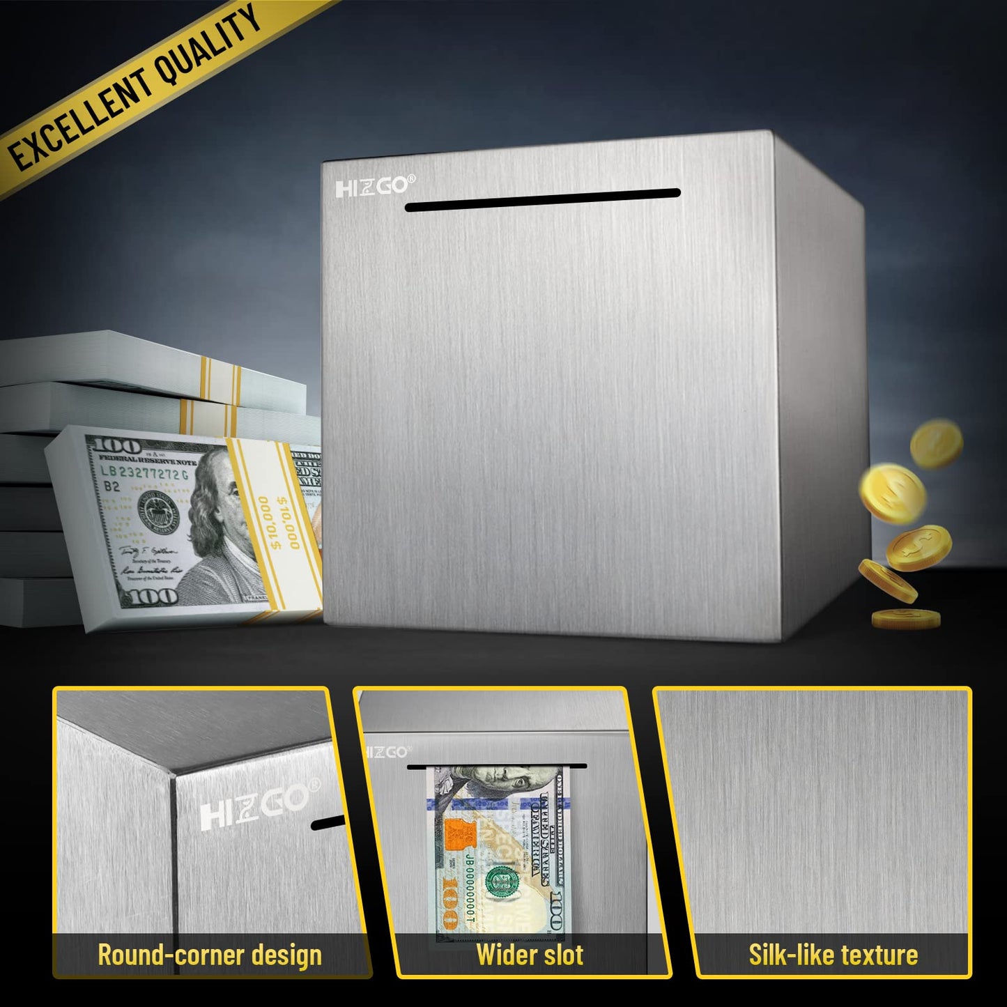 Hizgo Stainless Steel Piggy Bank for Adults — 5.9-Inch Break-to-Access Savings Box