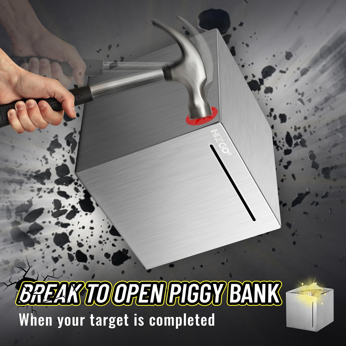 hizgo Piggy Bank for Adults – Stainless Steel Cube, 4.72-Inch Break-to-Access Saving Box