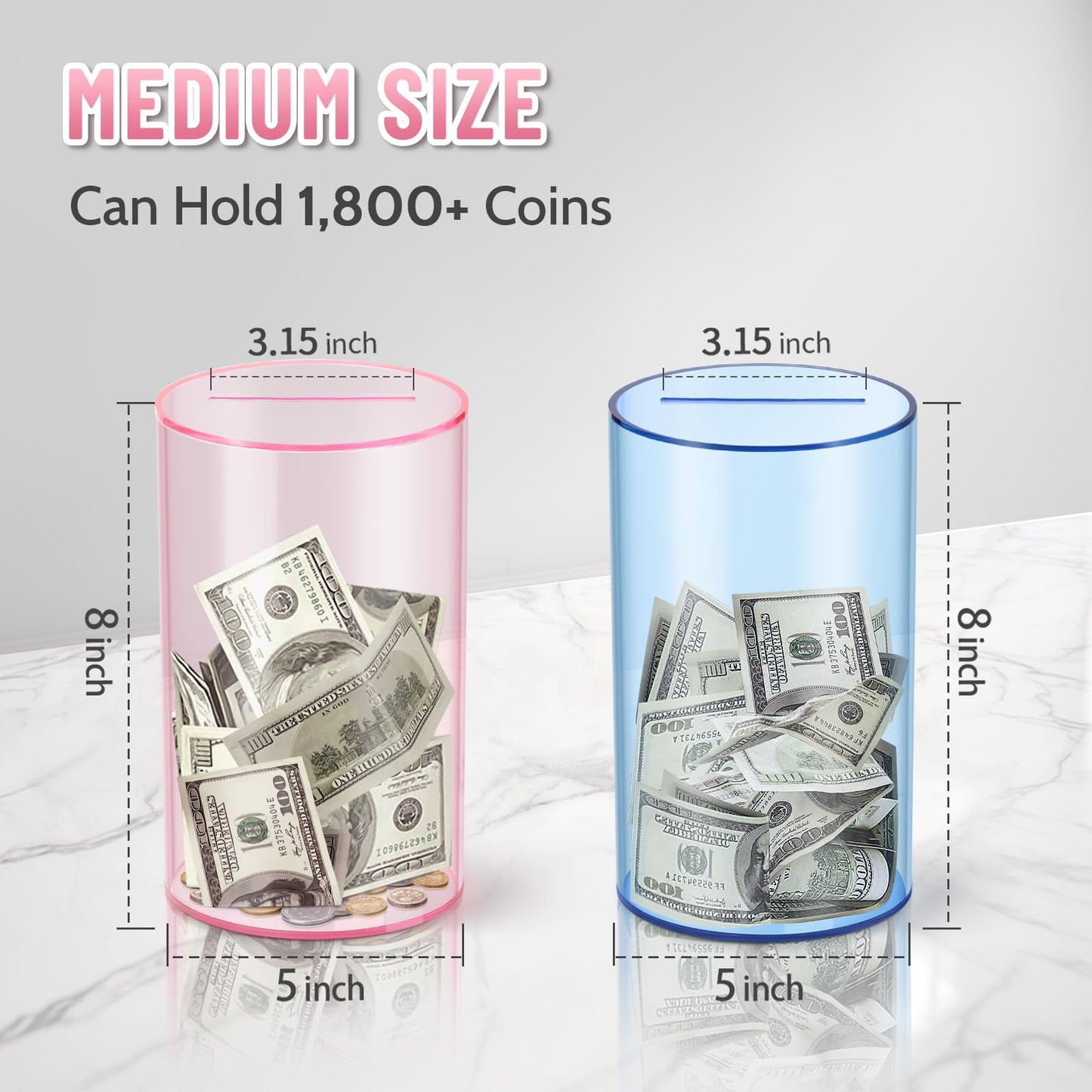Hizgo Clear Pink Piggy Bank - Unopenable Acrylic Savings Jar, Break to Open, 8-inch H x 5-inch Diameter