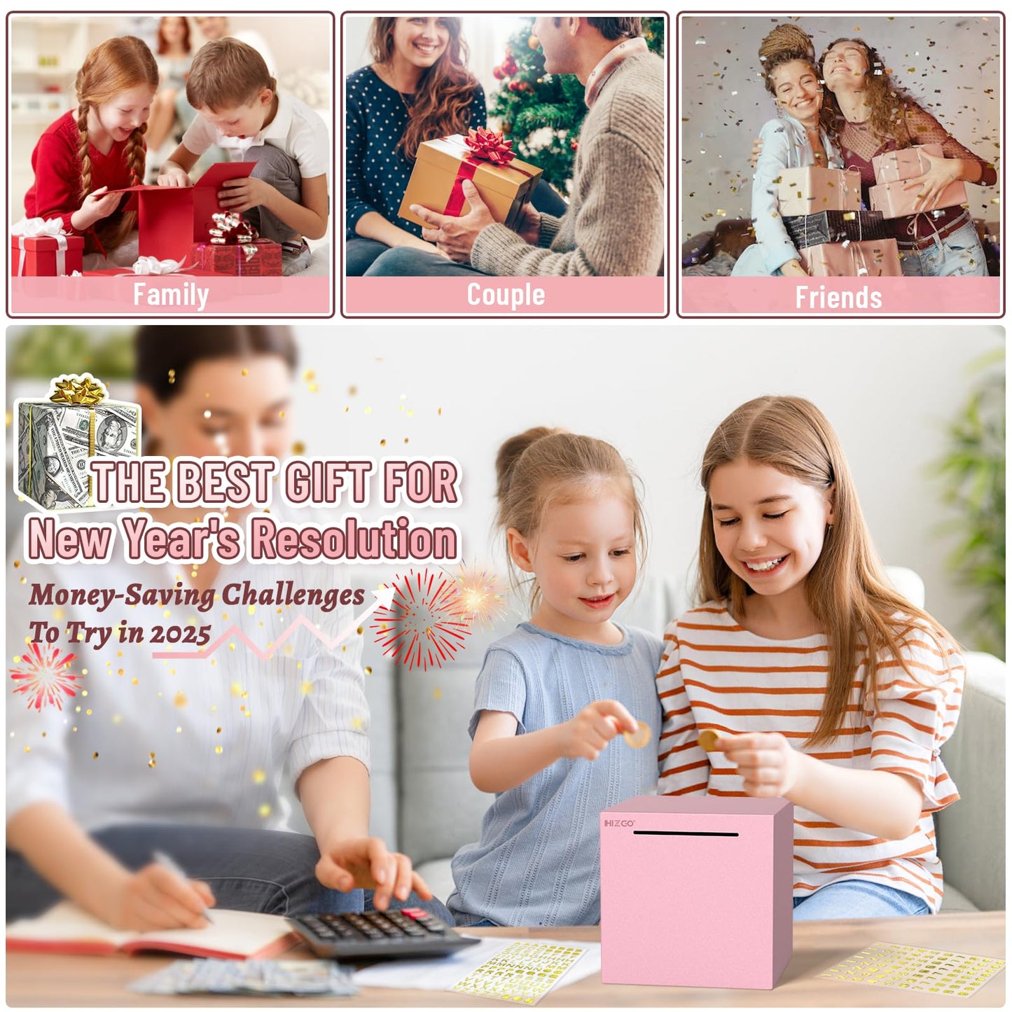 hizgo Pink Stainless Steel Piggy Bank – Unopenable Saving Box for Adults & Kids (5.9-inch)
