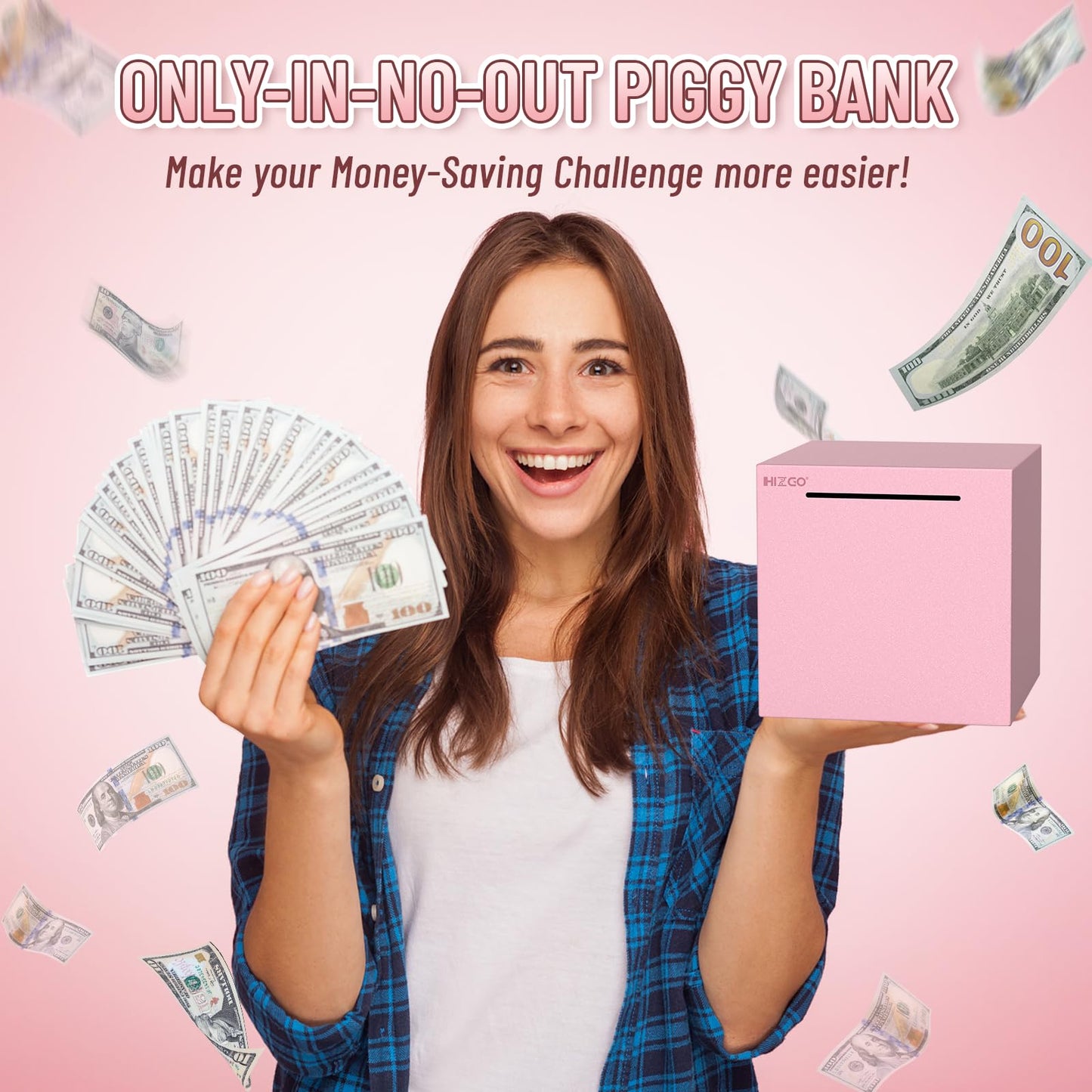 hizgo Pink Stainless Steel Piggy Bank – Unopenable Saving Box for Adults & Kids (5.9-inch)