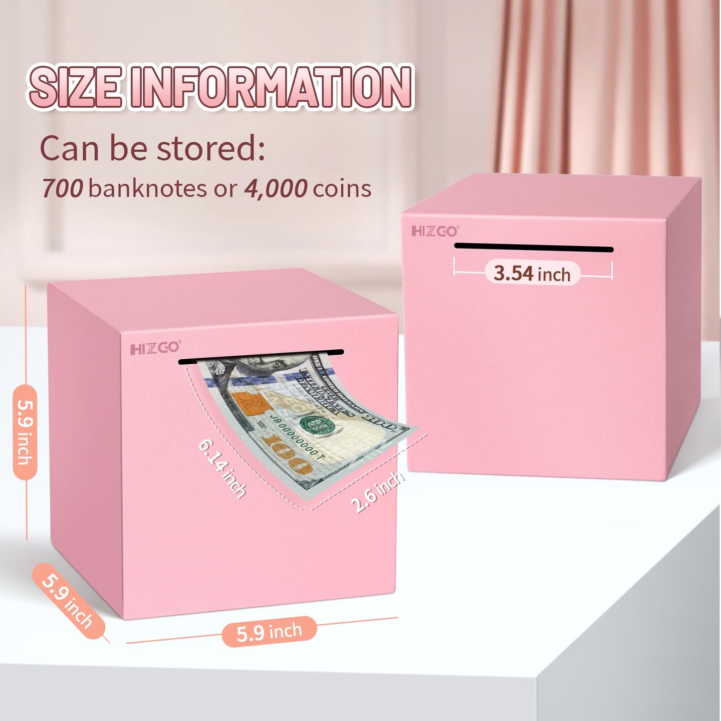 hizgo Pink Stainless Steel Piggy Bank – Unopenable Saving Box for Adults & Kids (5.9-inch)