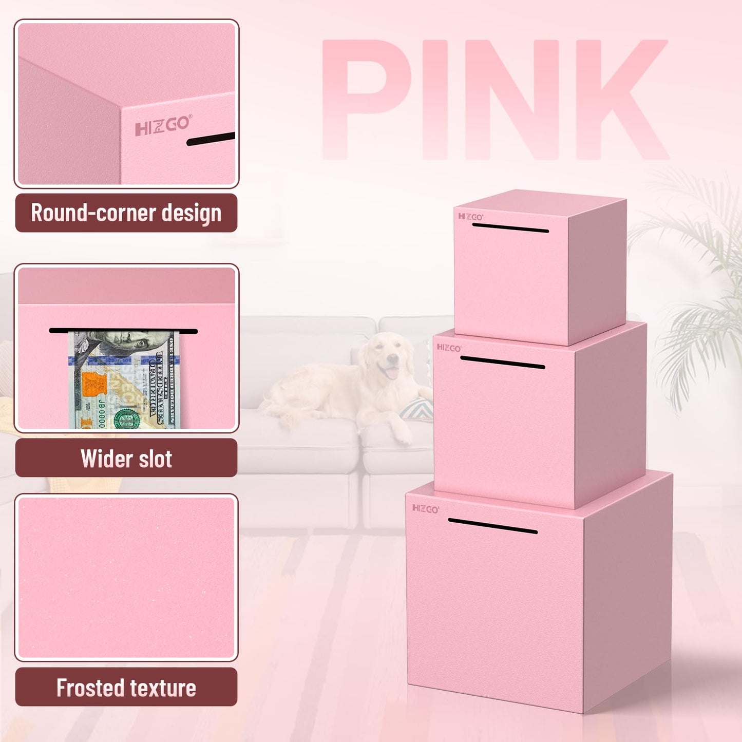 hizgo Pink Stainless Steel Piggy Bank – Unopenable Saving Box for Adults & Kids (5.9-inch)