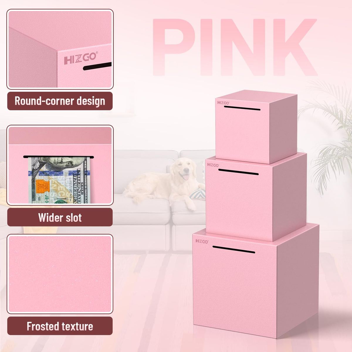 Hizgo Pink Stainless Steel Piggy Bank – Unopenable, Break-to-Open Money Box (4.72-inch)