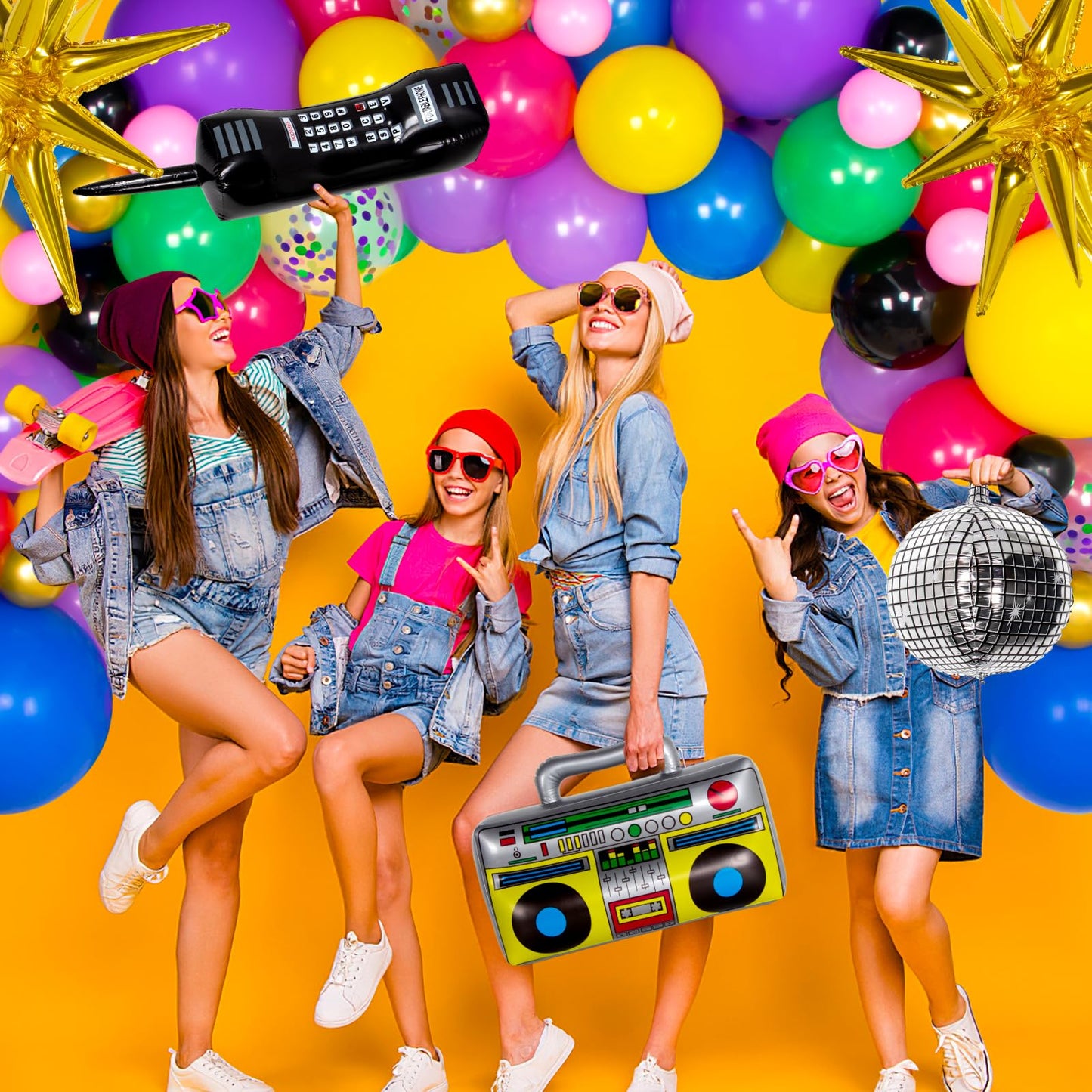 HJINGY 80s Party Decorations Kit – Inflatable Boombox, Mobile Phone & Back to the 80s Backdrop