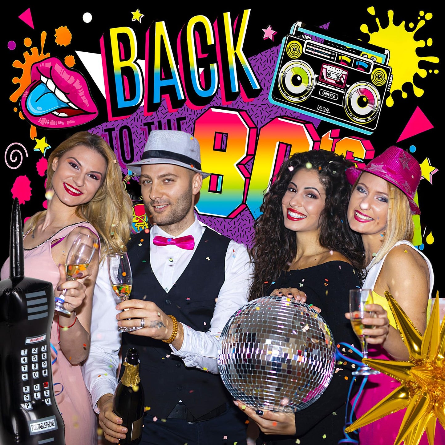 HJINGY 80s Party Decorations Kit – Inflatable Boombox, Mobile Phone & Back to the 80s Backdrop