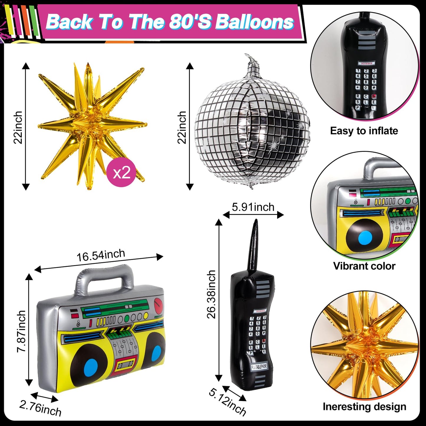 HJINGY 80s Party Decorations Kit – Inflatable Boombox, Mobile Phone & Back to the 80s Backdrop