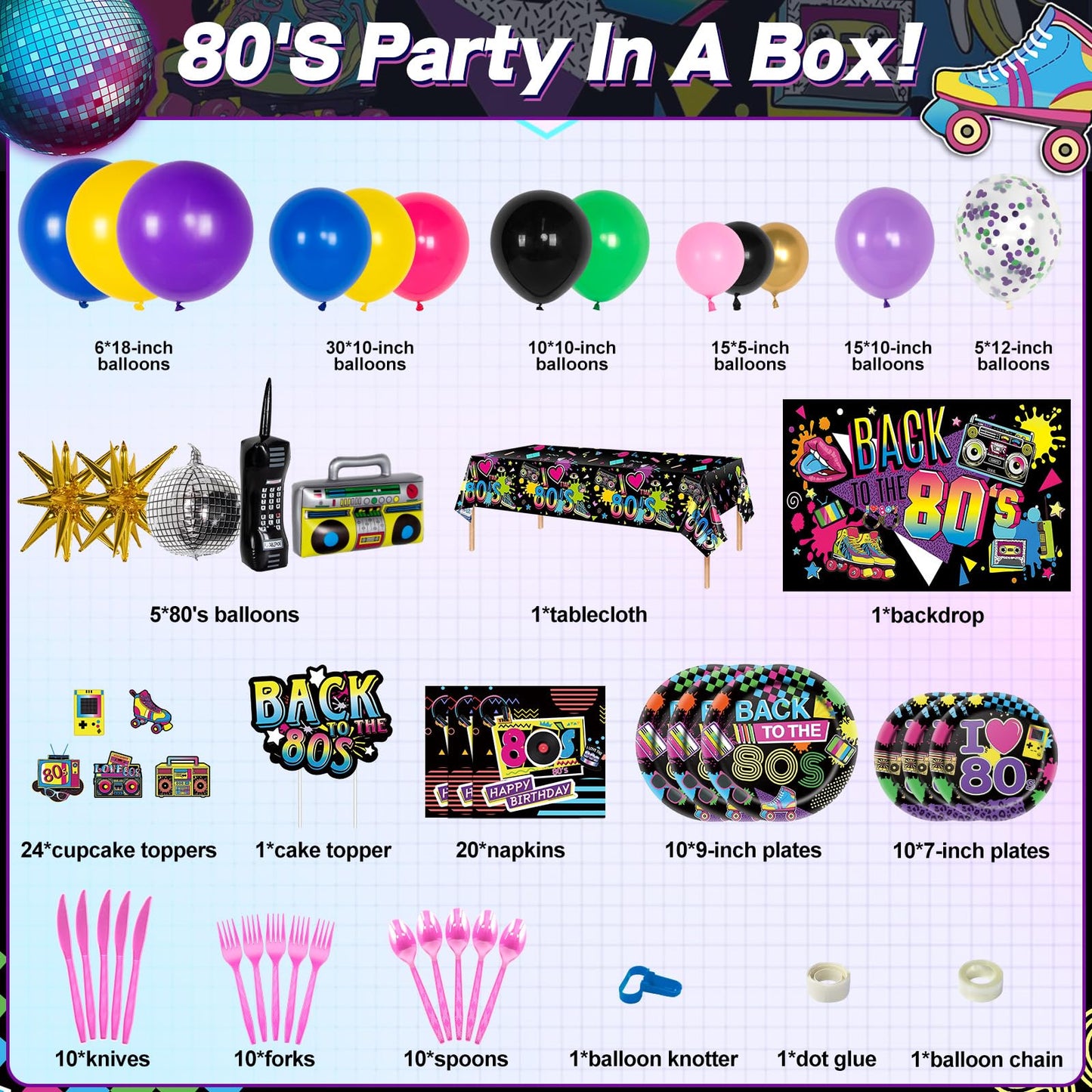 HJINGY 80s Party Decorations Kit – Inflatable Boombox, Mobile Phone & Back to the 80s Backdrop