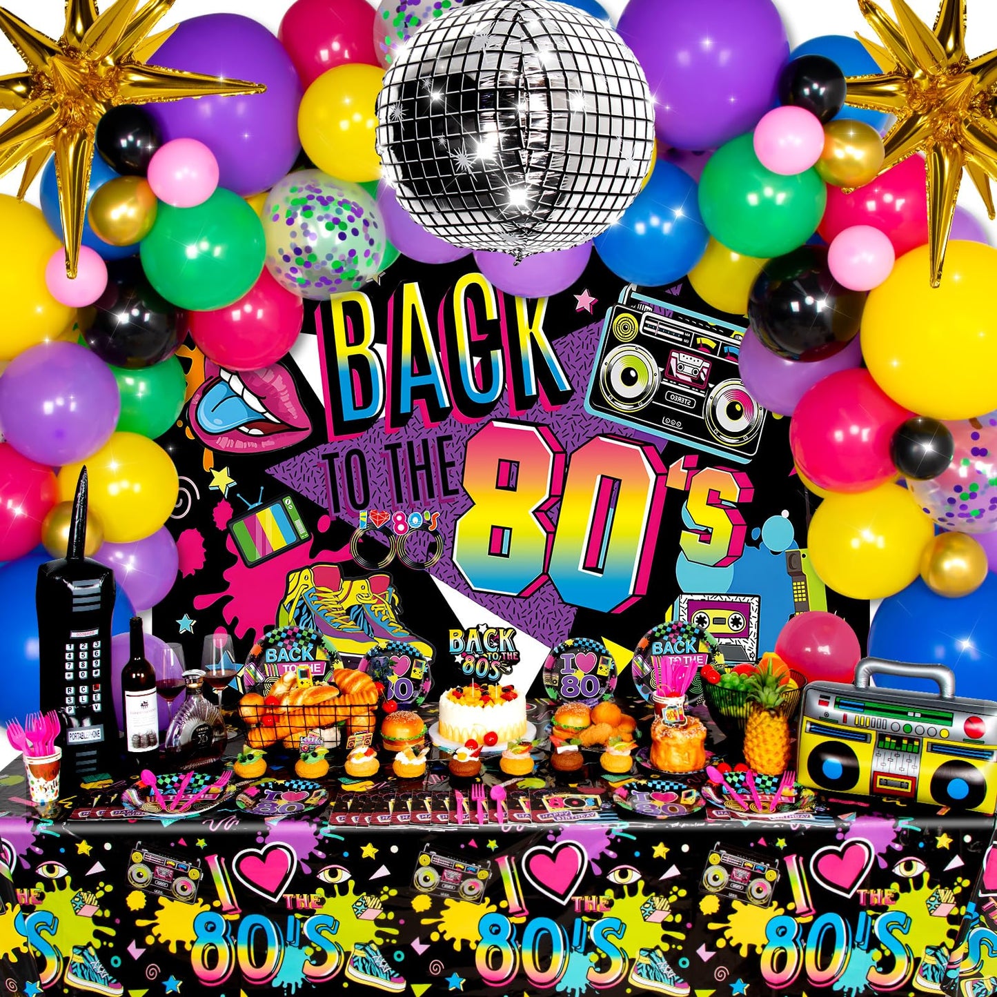 HJINGY 80s Party Decorations Kit – Inflatable Boombox, Mobile Phone & Back to the 80s Backdrop