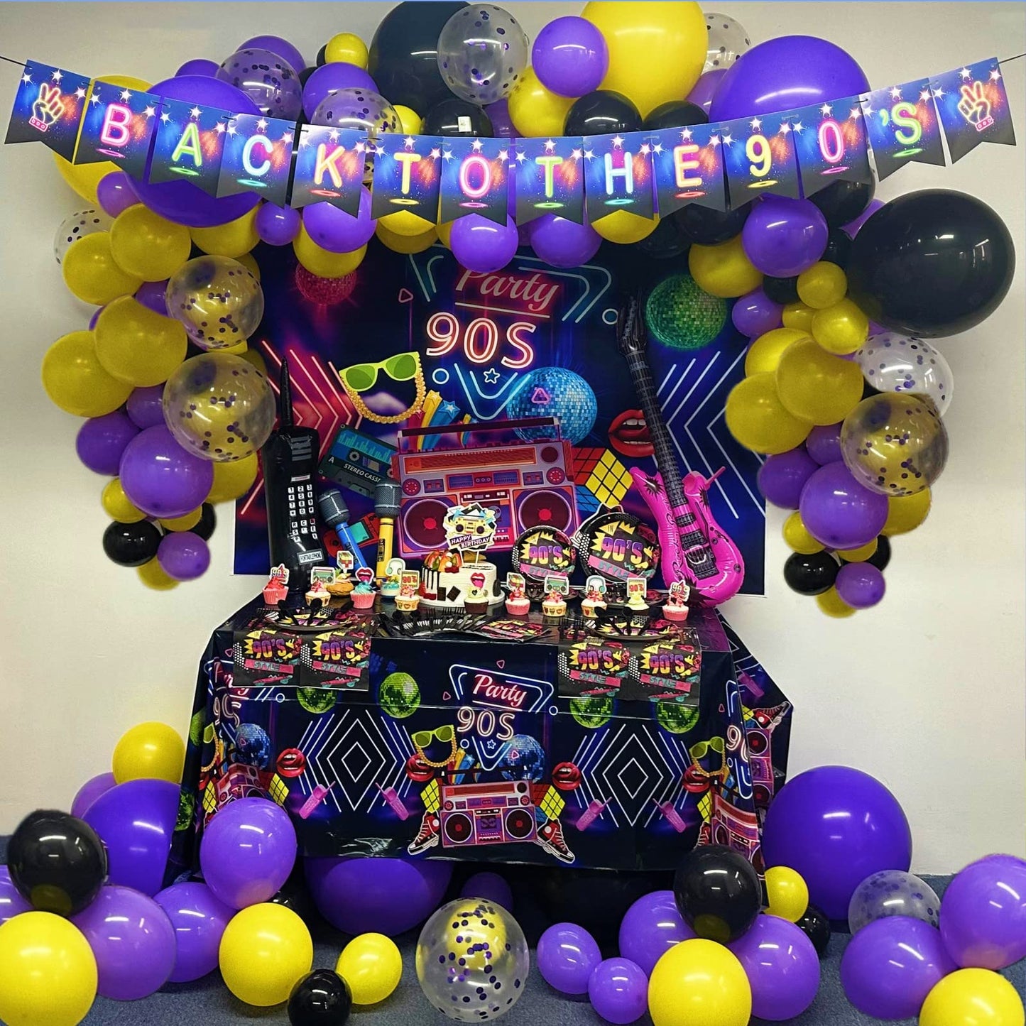HJINGY 90s Party Decorations Bundle – Inflatable Microphone, Guitar, Backdrop, Banner & Tableware