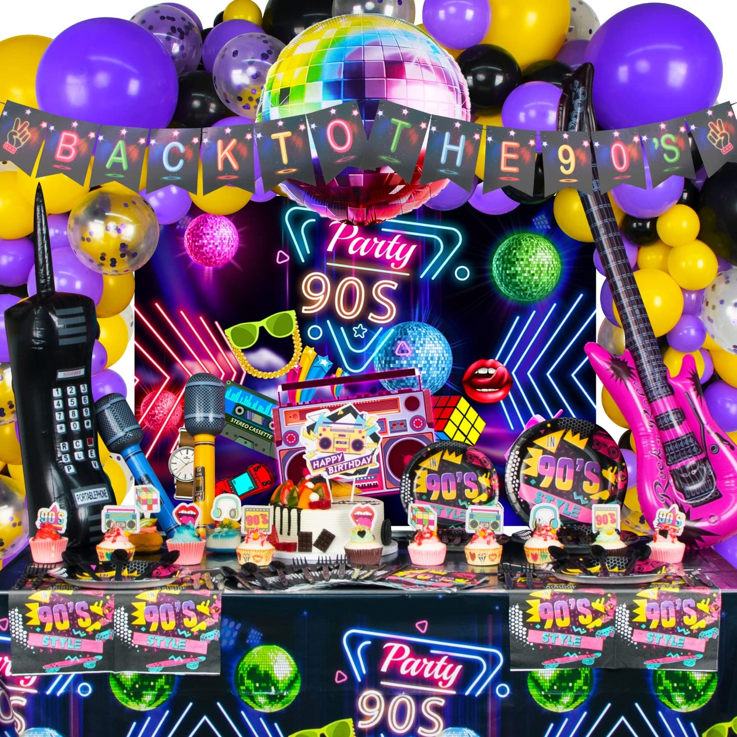 HJINGY 90s Party Decorations Bundle – Inflatable Microphone, Guitar, Backdrop, Banner & Tableware