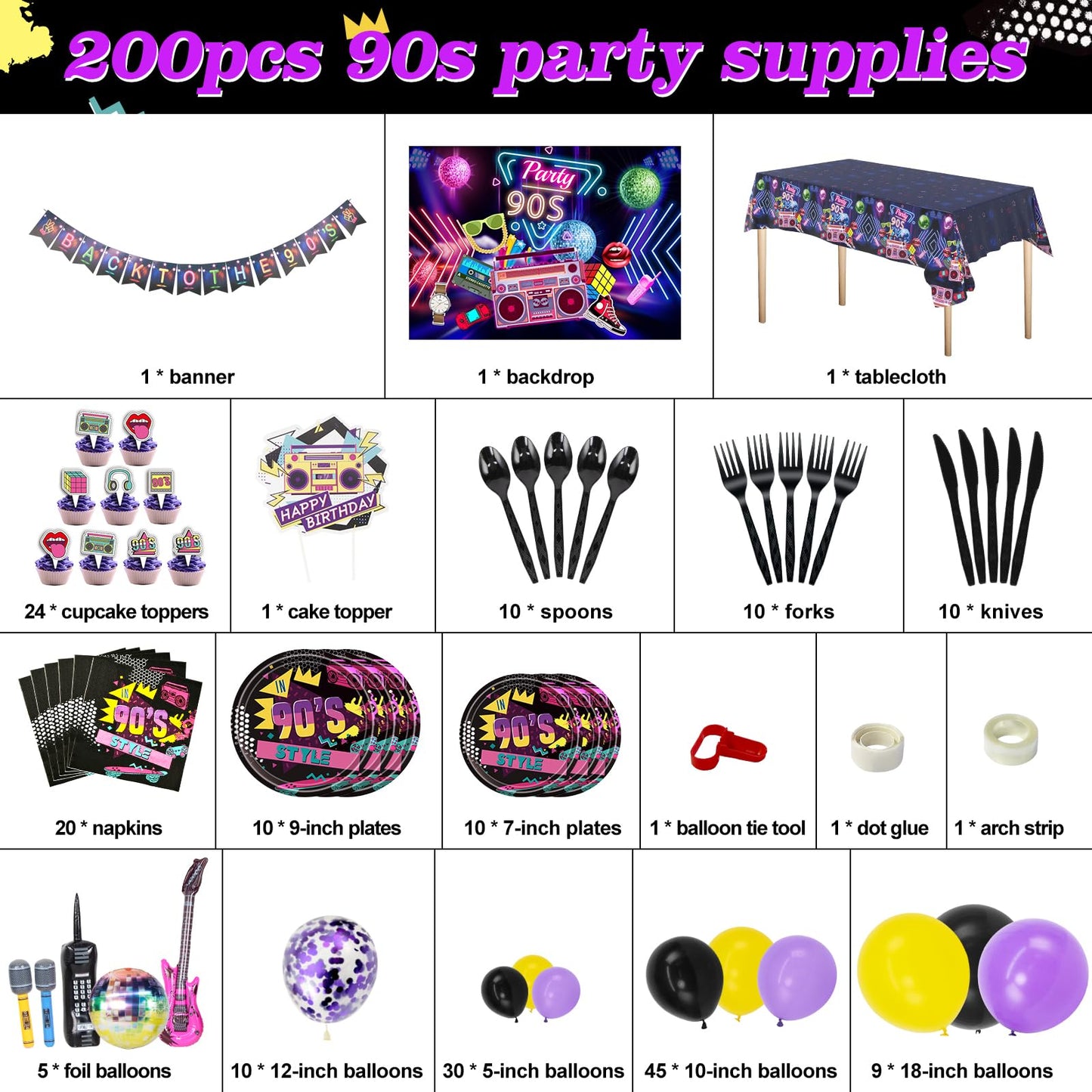 HJINGY 90s Party Decorations Bundle – Inflatable Microphone, Guitar, Backdrop, Banner & Tableware