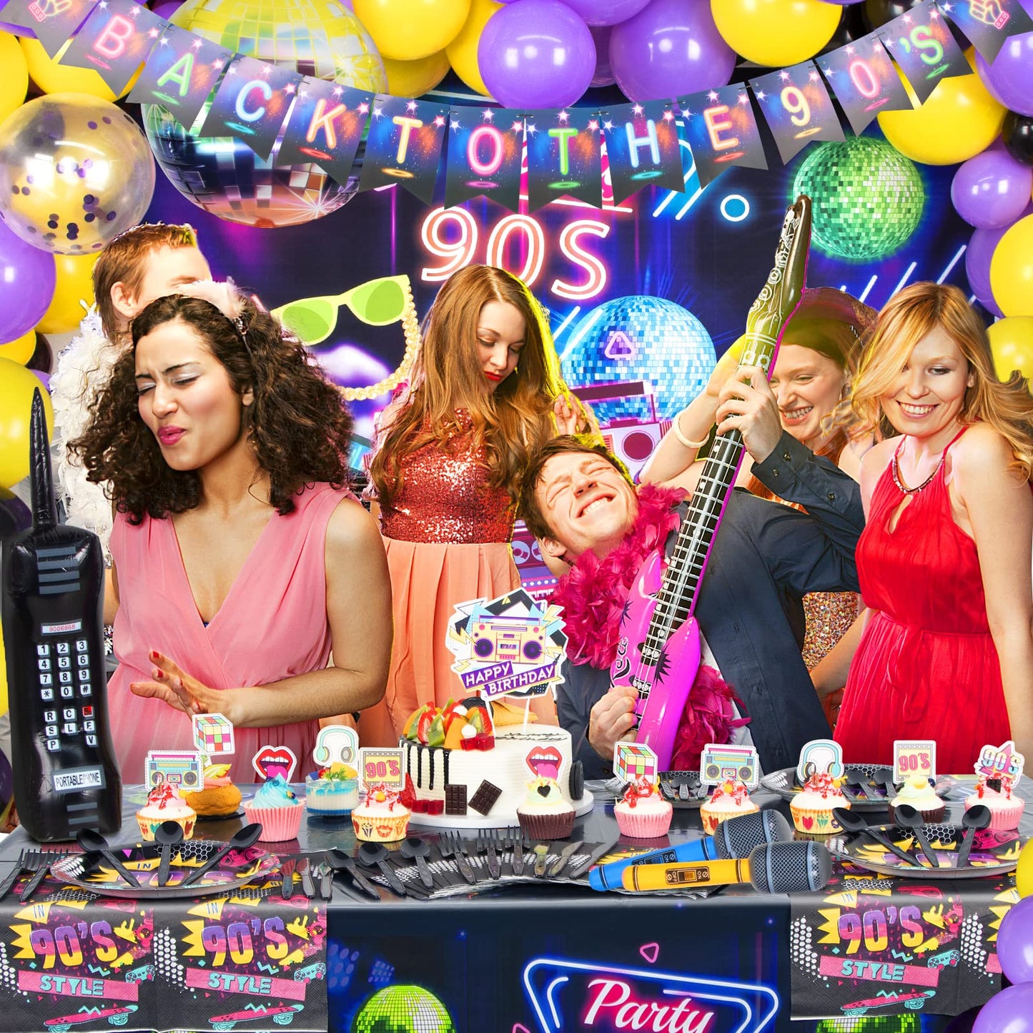 HJINGY 90s Party Decorations Bundle – Inflatable Microphone, Guitar, Backdrop, Banner & Tableware