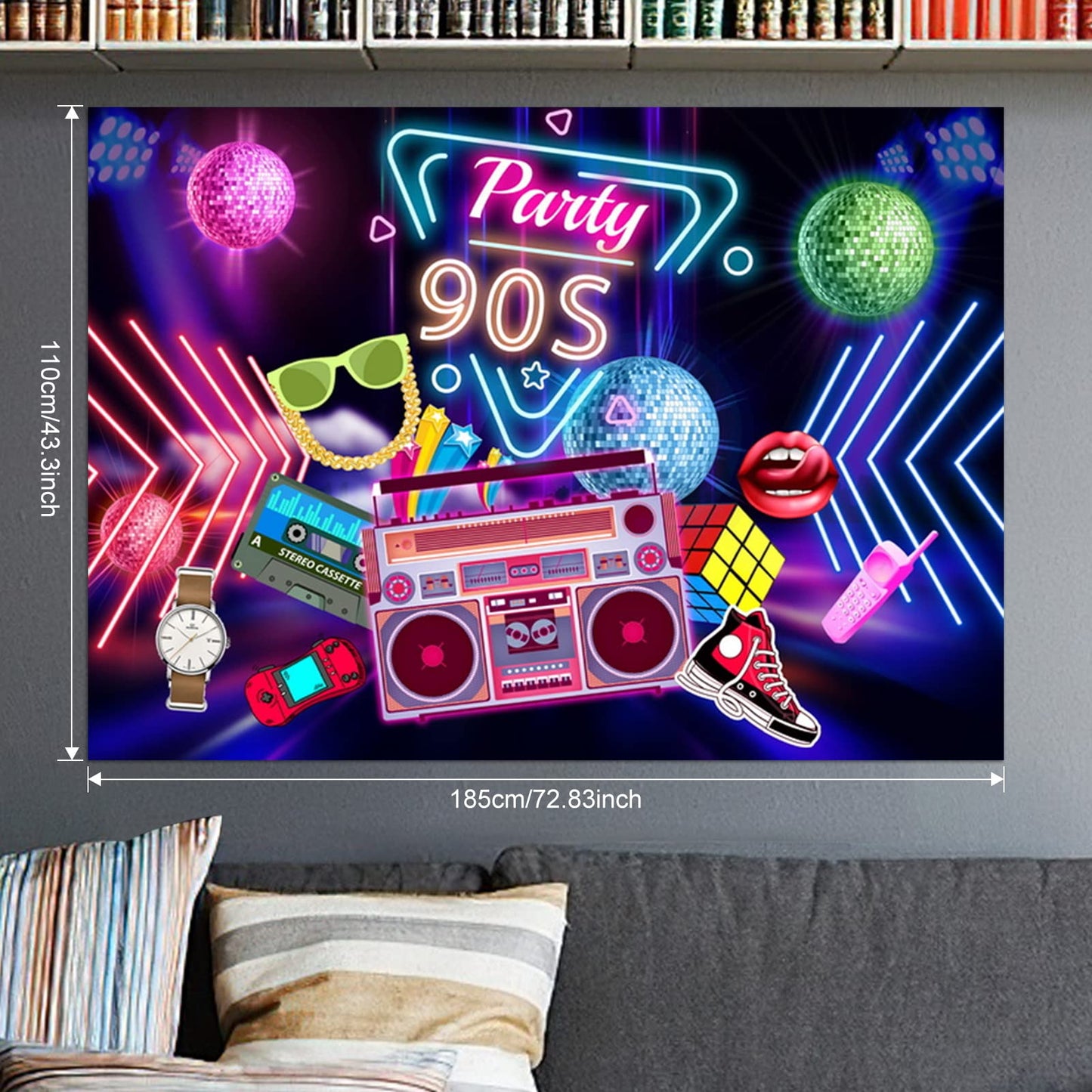 HJINGY 90s Party Decorations Bundle – Inflatable Microphone, Guitar, Backdrop, Banner & Tableware