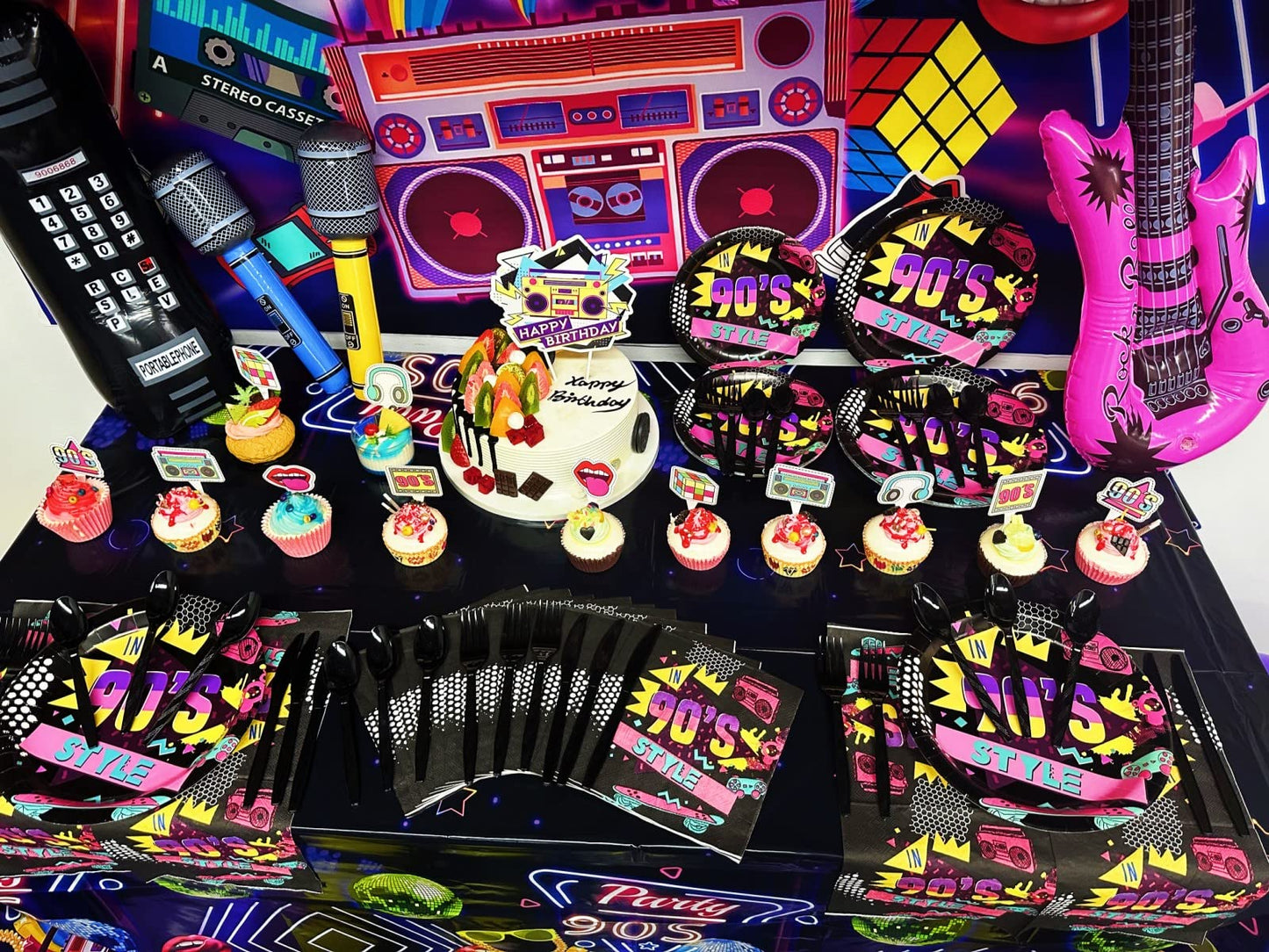 HJINGY 90s Party Decorations Bundle – Inflatable Microphone, Guitar, Backdrop, Banner & Tableware