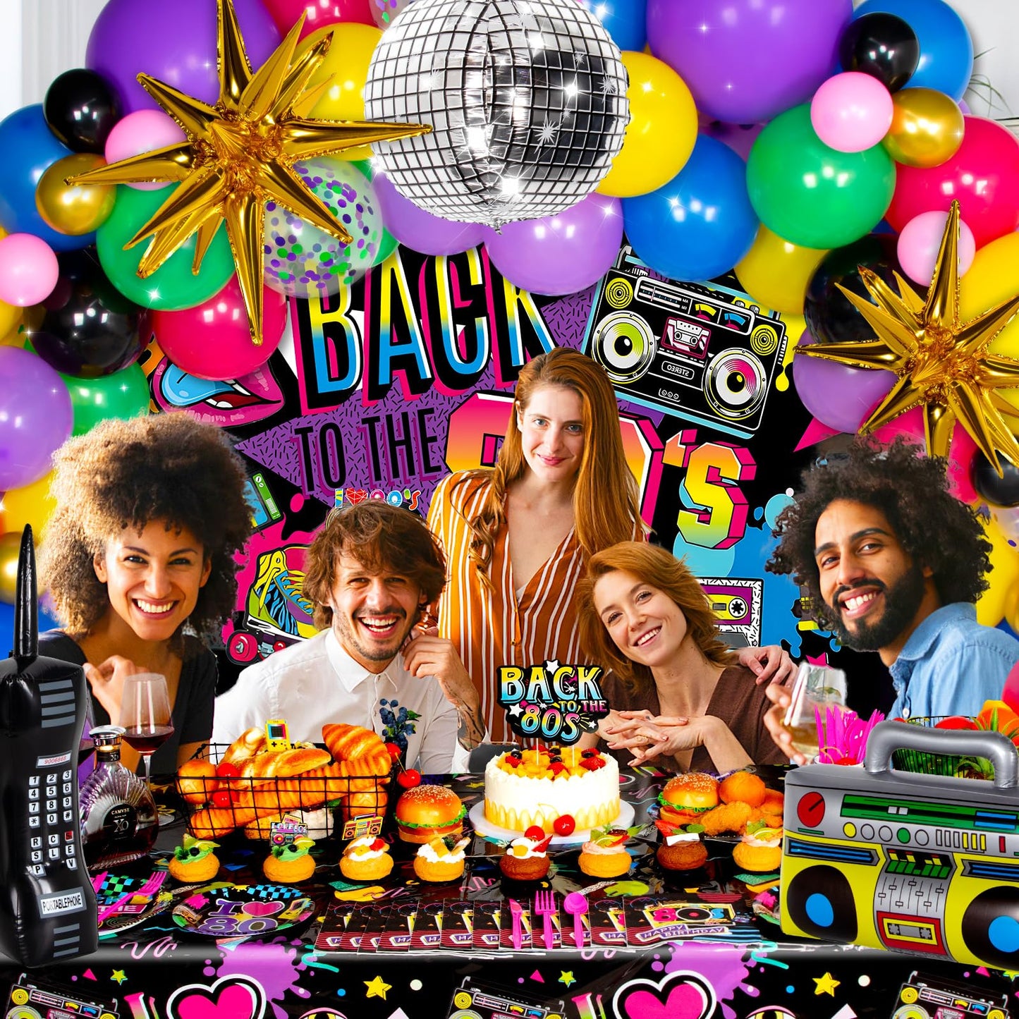 HJINGY 80s Party Decorations Kit – Inflatable Boombox, Mobile Phone & Back to the 80s Backdrop