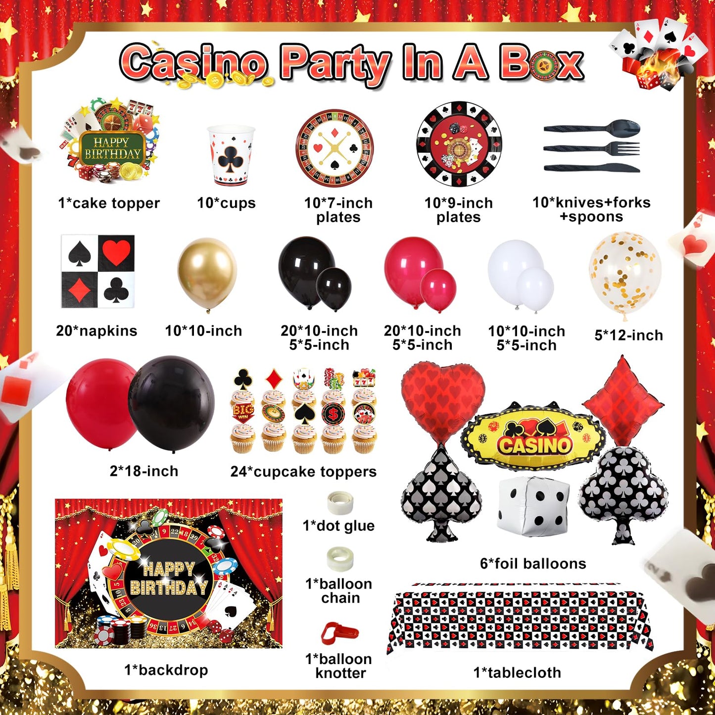 HJINGY 198 PCS Casino Theme Party Decorations – Las Vegas Birthday Balloons, Backdrop, and Tableware