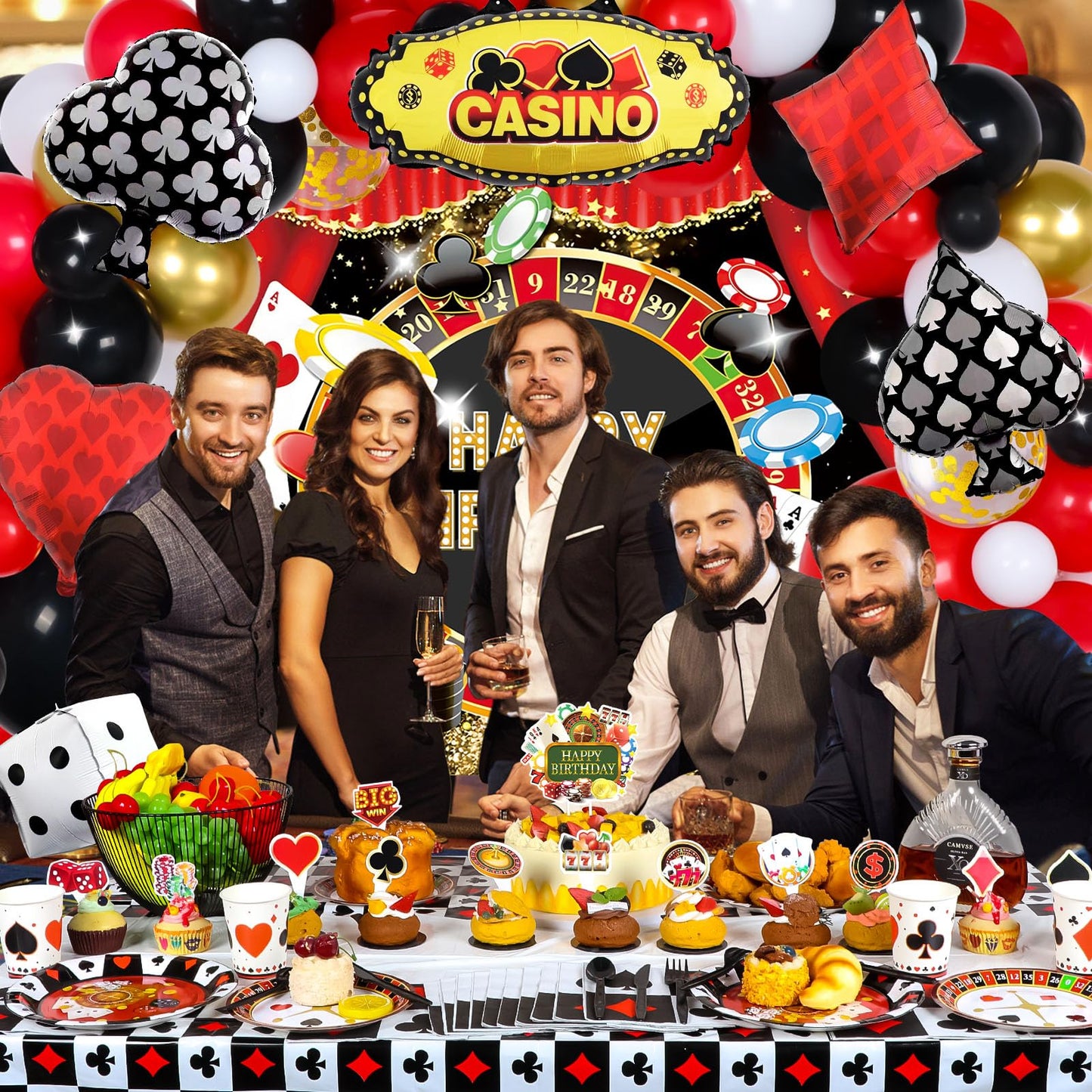 HJINGY 198 PCS Casino Theme Party Decorations – Las Vegas Birthday Balloons, Backdrop, and Tableware
