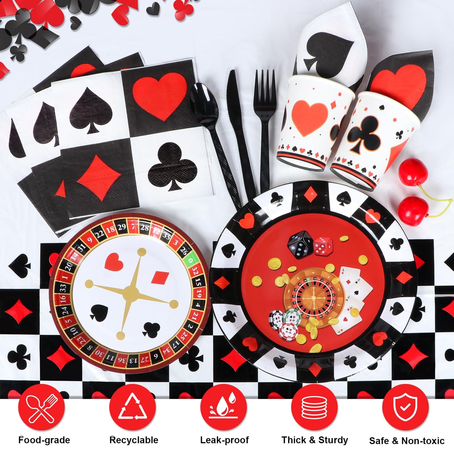 HJINGY 198 PCS Casino Theme Party Decorations – Las Vegas Birthday Balloons, Backdrop, and Tableware