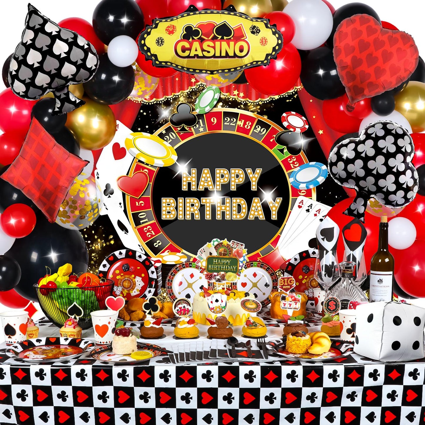 HJINGY 198 PCS Casino Theme Party Decorations – Las Vegas Birthday Balloons, Backdrop, and Tableware