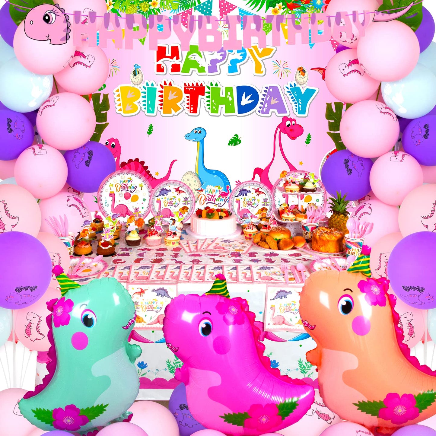 HJINGY 194-Piece Pink Dinosaur Party Decorations for Girls – Balloons, Backdrop & Tableware