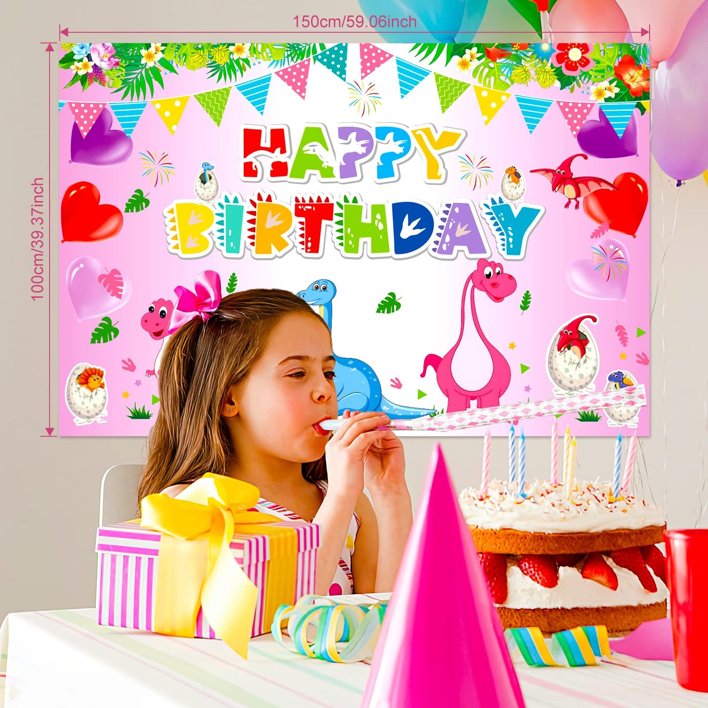 HJINGY 194-Piece Pink Dinosaur Party Decorations for Girls – Balloons, Backdrop & Tableware