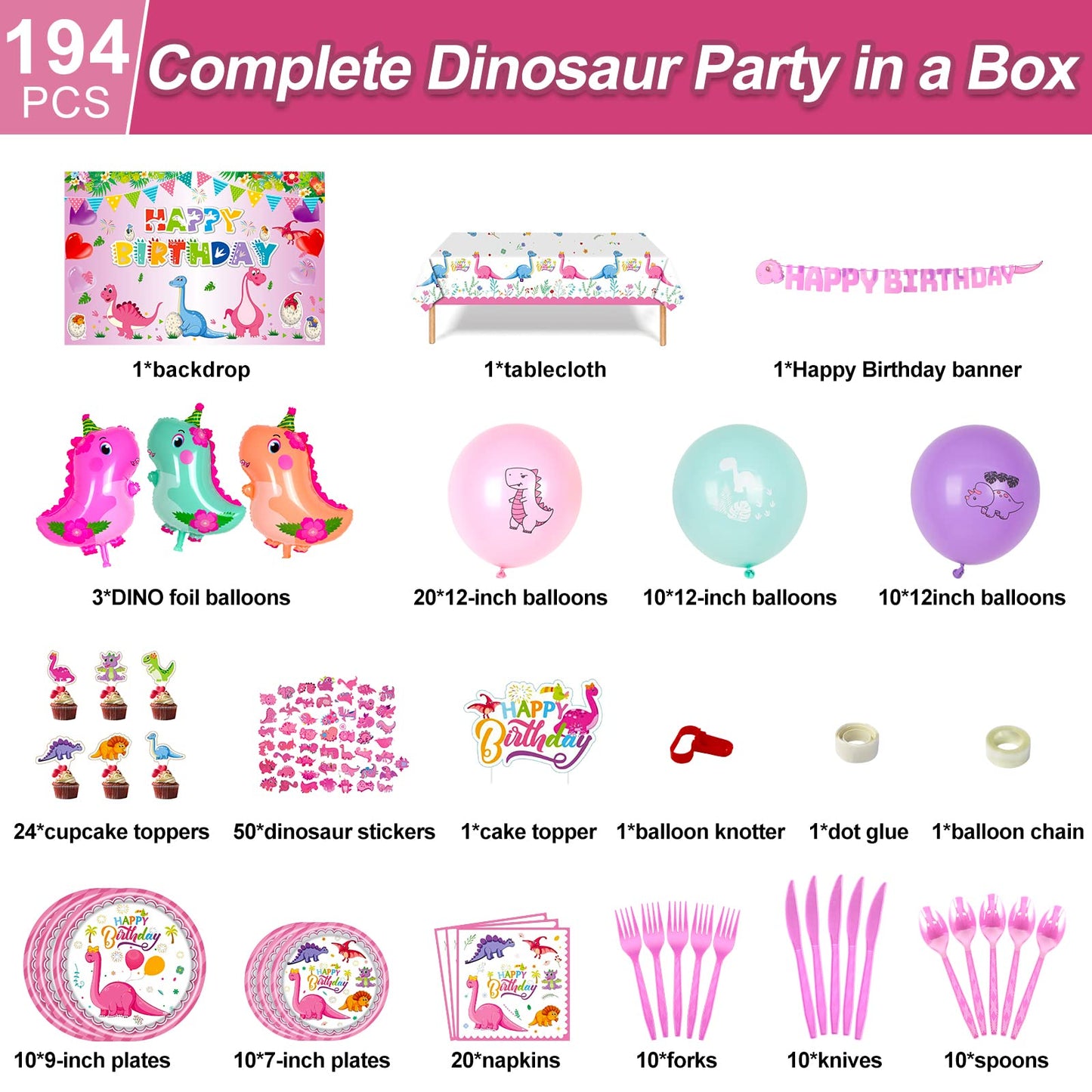 HJINGY 194-Piece Pink Dinosaur Party Decorations for Girls – Balloons, Backdrop & Tableware