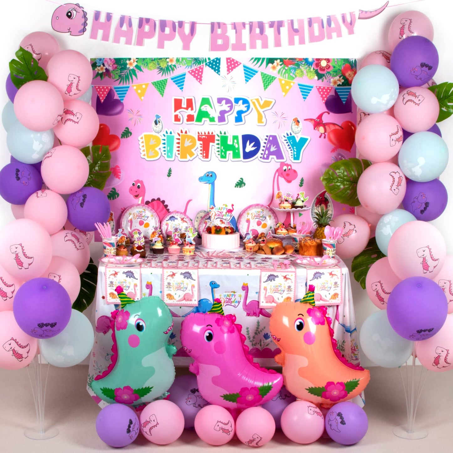 HJINGY 194-Piece Pink Dinosaur Party Decorations for Girls – Balloons, Backdrop & Tableware