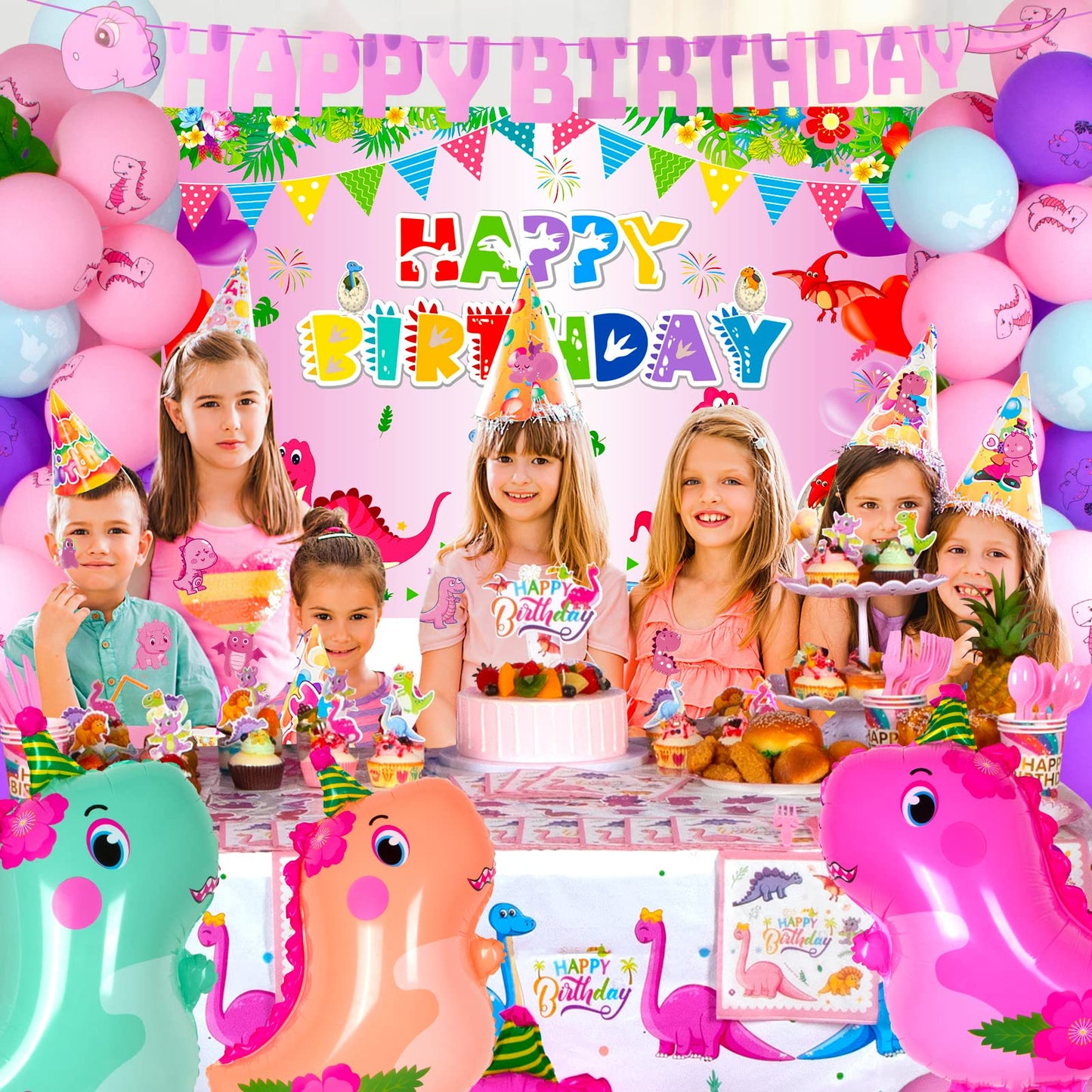 HJINGY 194-Piece Pink Dinosaur Party Decorations for Girls – Balloons, Backdrop & Tableware