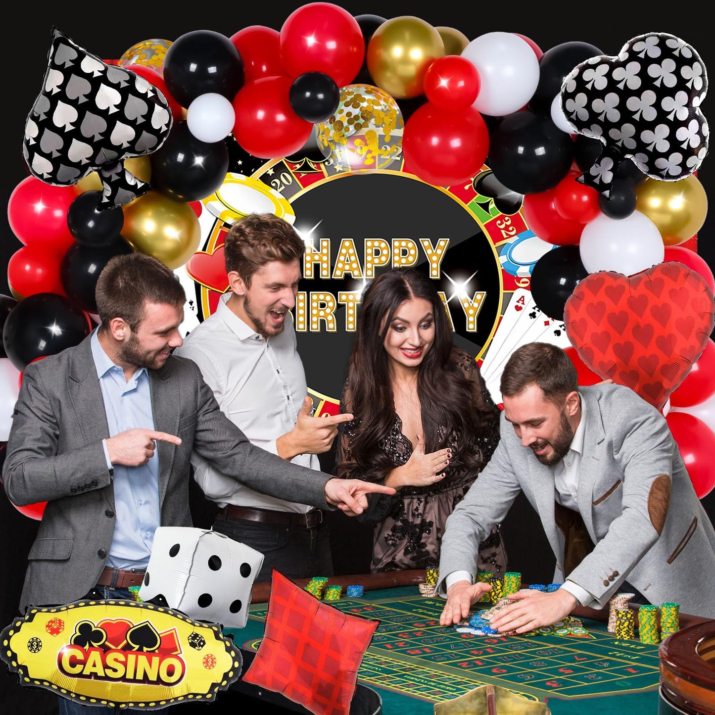 HJINGY 198 PCS Casino Theme Party Decorations – Las Vegas Birthday Balloons, Backdrop, and Tableware