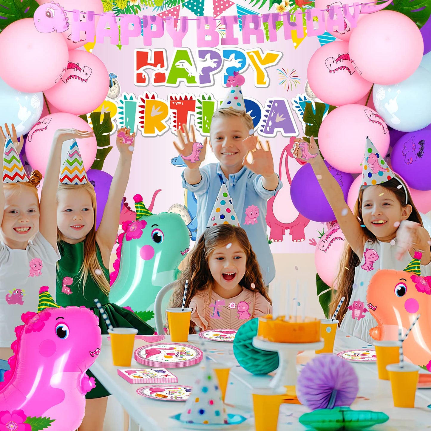 HJINGY 194-Piece Pink Dinosaur Party Decorations for Girls – Balloons, Backdrop & Tableware