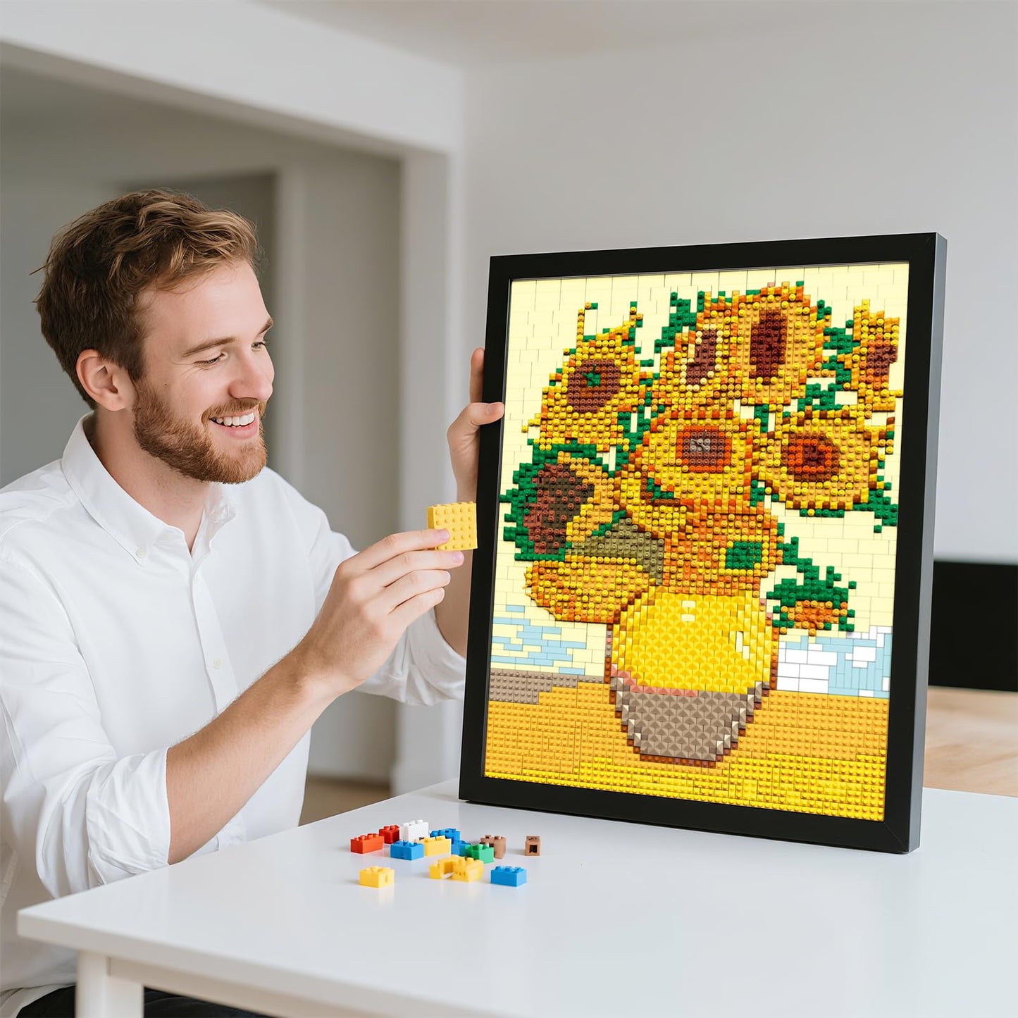 HJPLPXH Pixel Sunflower Painting Frame – 3504PCS Building Block Art Model for Home & Office Decor