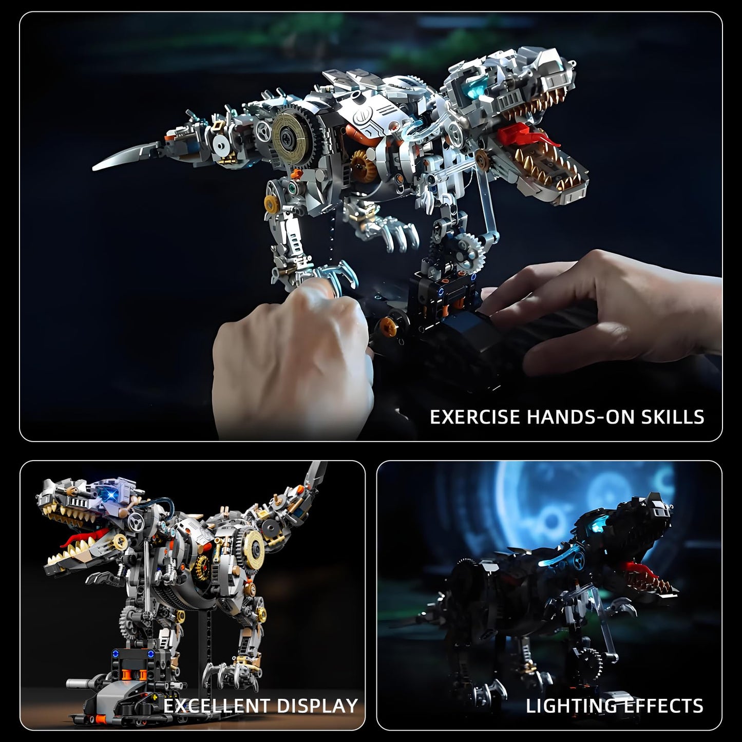 HJPLPXH Mechanical Tyrannosaurus Building Blocks Set — LED Light, Display Stand, 1268 Pieces